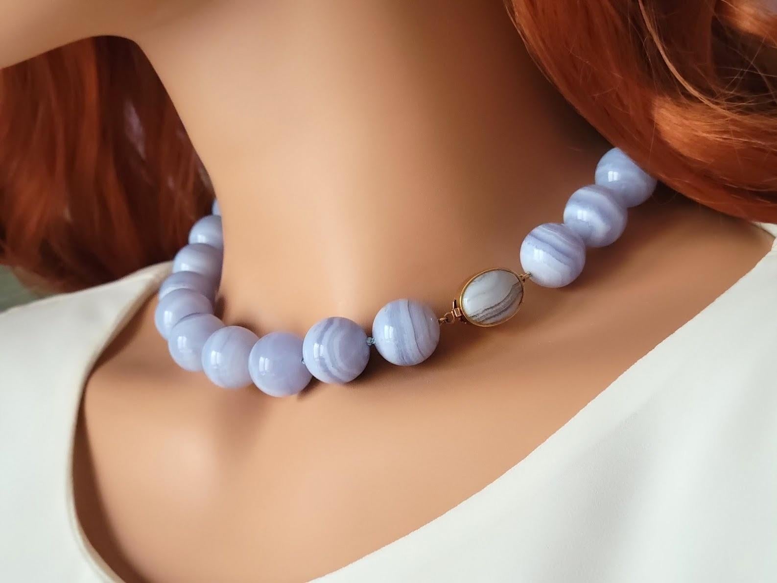 Bead Chalcedony Blue Lace Agate Necklace For Sale