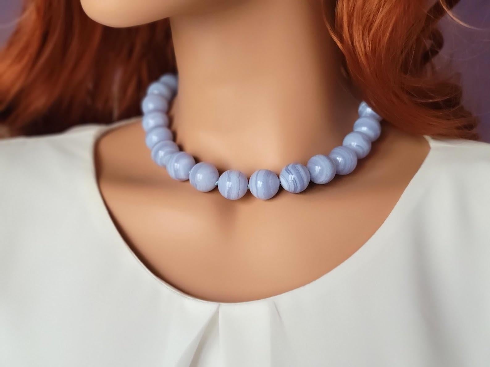 Chalcedony Blue Lace Agate Necklace In Excellent Condition For Sale In Chesterland, OH