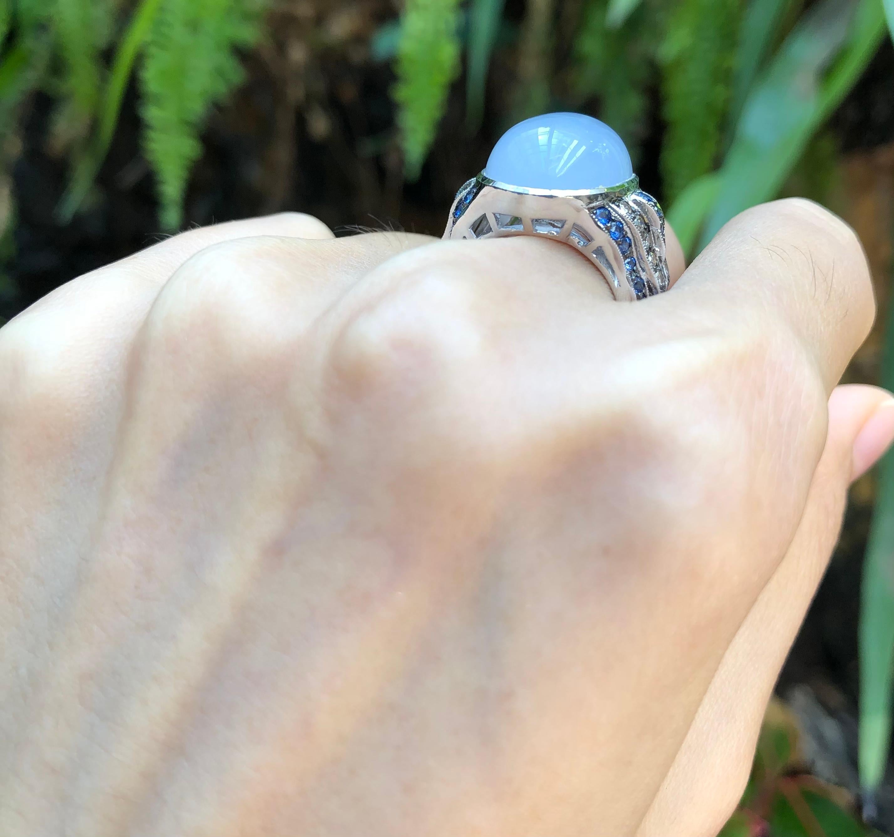 Cabochon Chalcedony, Blue Sapphire and Brown Diamond Ring Set in 18 Karat White Gold For Sale