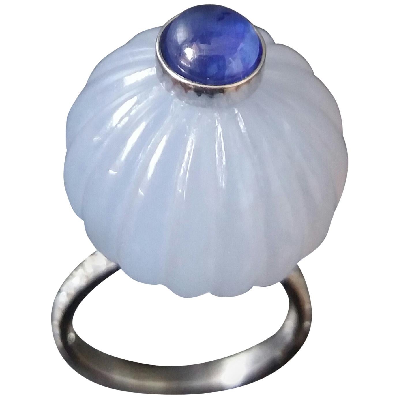 Chalcedony Blue Sapphire Cabochon Diamonds 14 Karat White Gold Cocktail Ring For Sale