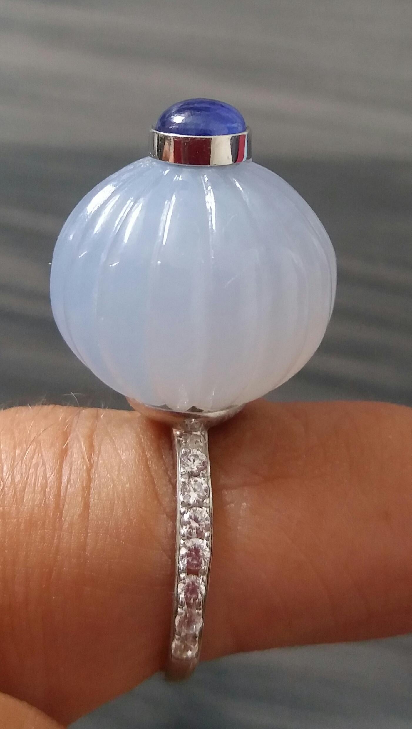 Chalcedony Blue Sapphire Cabochon Diamonds 14 Karat White Gold Cocktail Ring For Sale 4