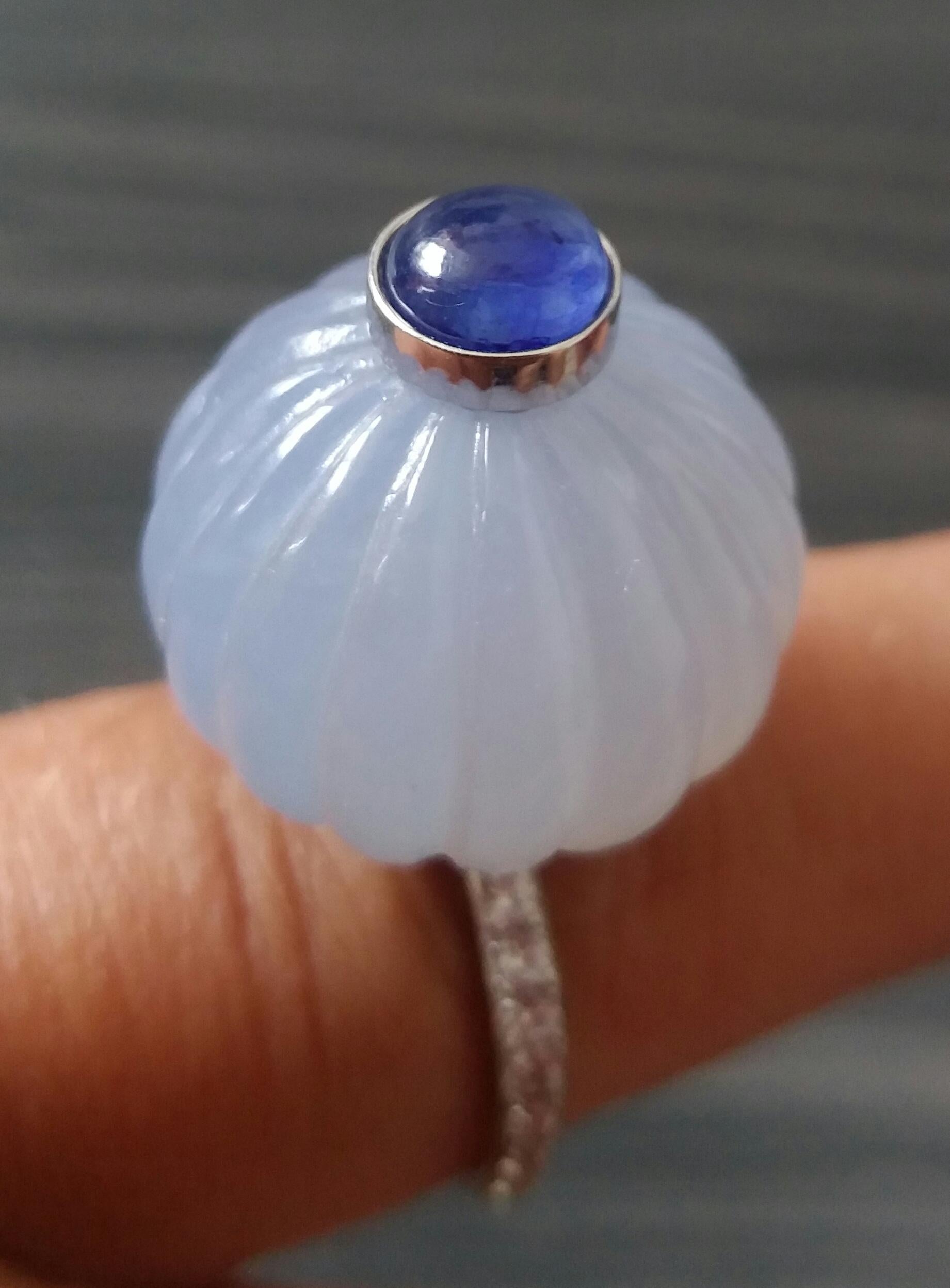 Chalcedony Blue Sapphire Cabochon Diamonds 14 Karat White Gold Cocktail Ring For Sale 5