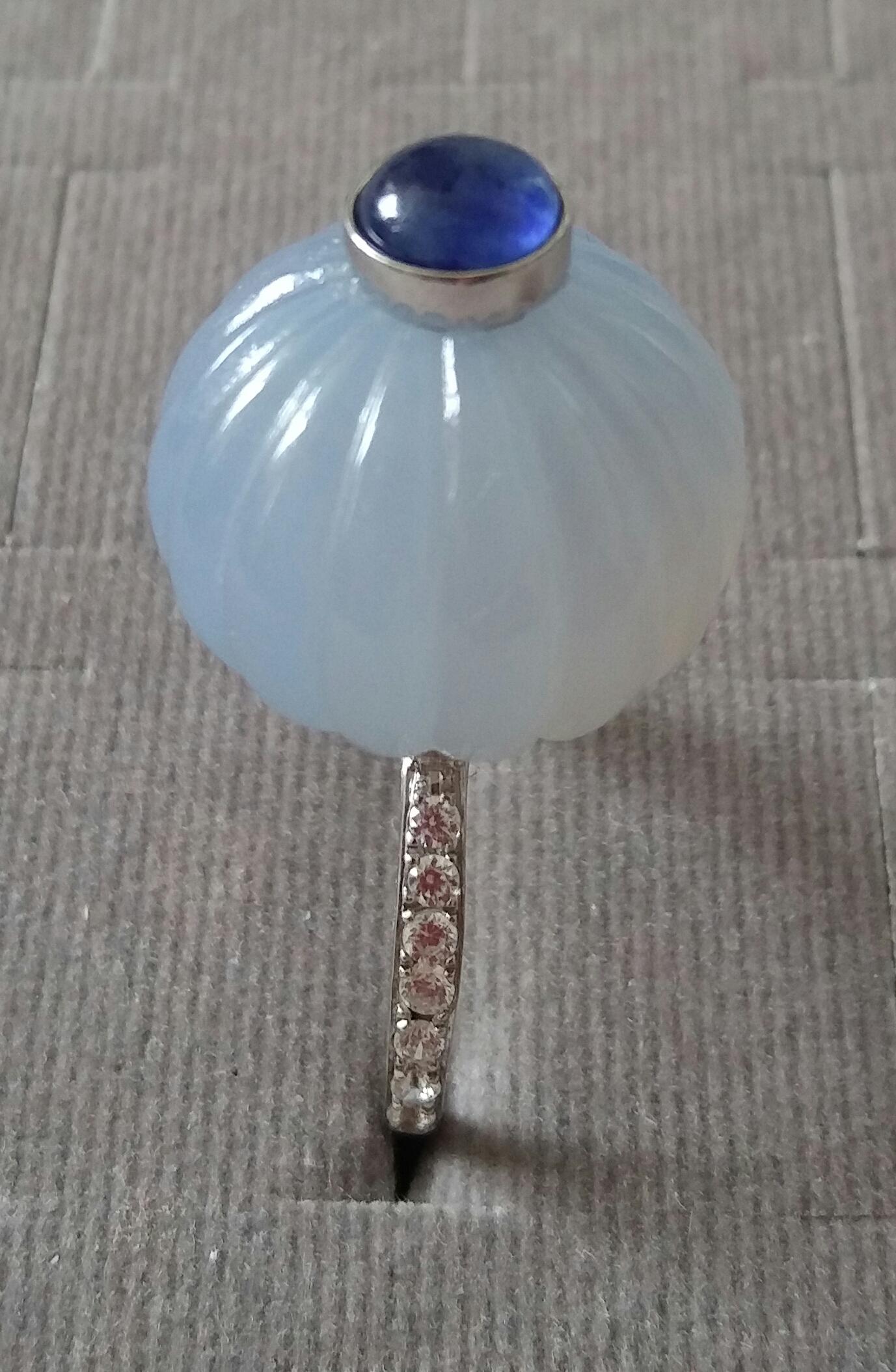 Chalcedony Blue Sapphire Cabochon Diamonds 14 Karat White Gold Cocktail Ring For Sale 6
