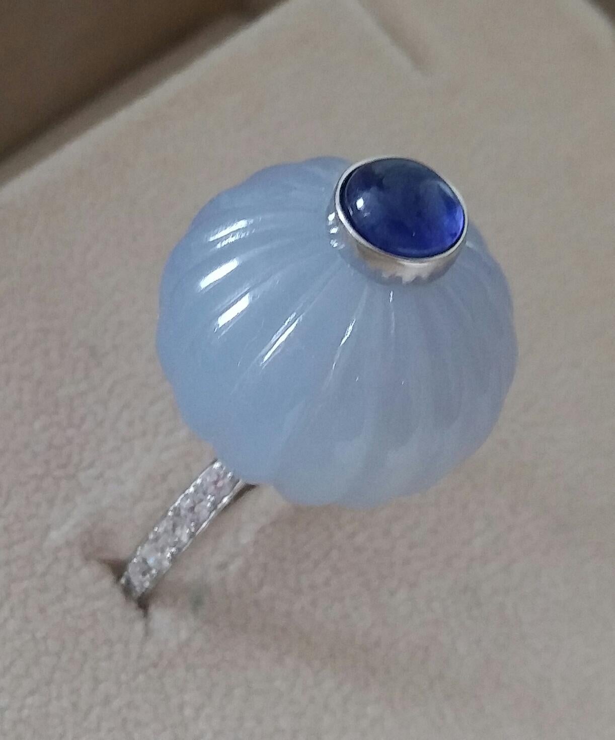 Chalcedony Blue Sapphire Cabochon Diamonds 14 Karat White Gold Cocktail Ring For Sale 7