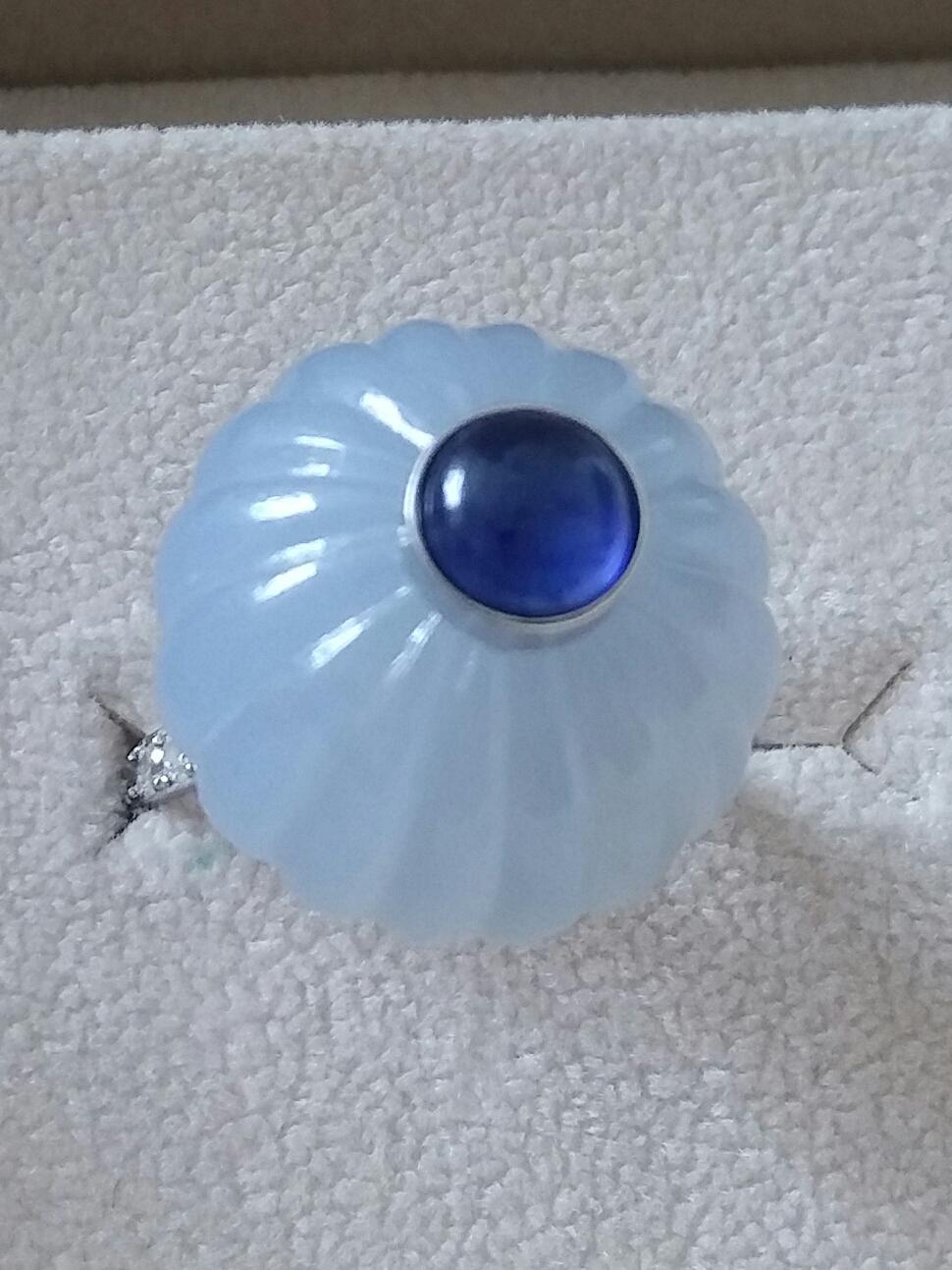 Chalcedony Blue Sapphire Cabochon Diamonds 14 Karat White Gold Cocktail Ring For Sale 9