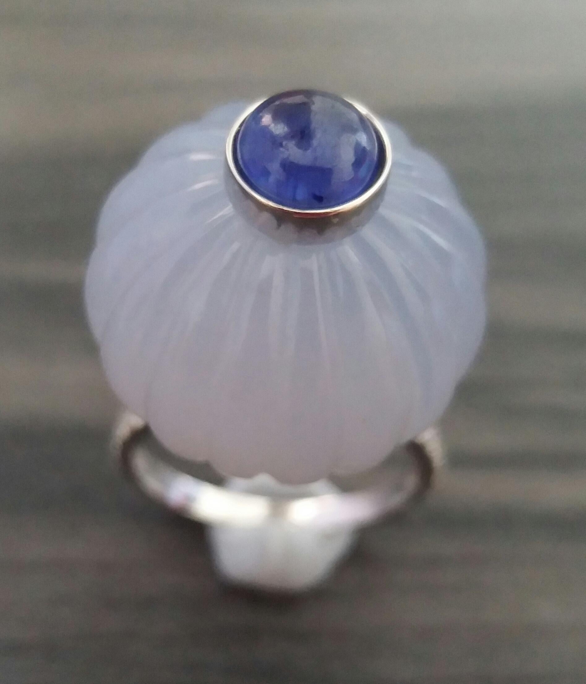 Chalcedony Blue Sapphire Cabochon Diamonds 14 Karat White Gold Cocktail Ring For Sale 10