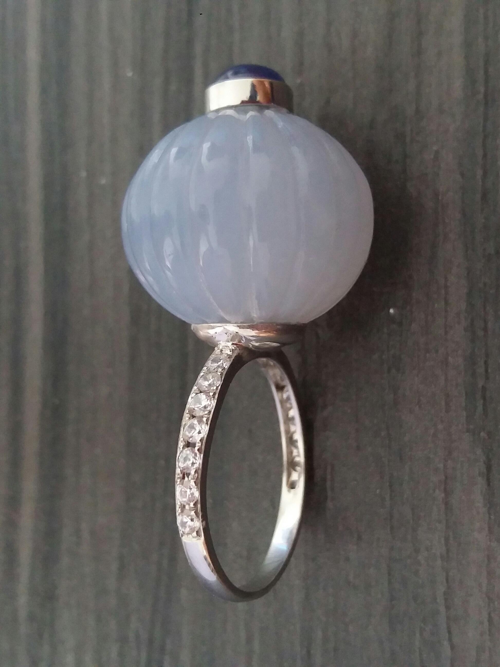 Chalcedony Blue Sapphire Cabochon Diamonds 14 Karat White Gold Cocktail Ring In Good Condition For Sale In Bangkok, TH