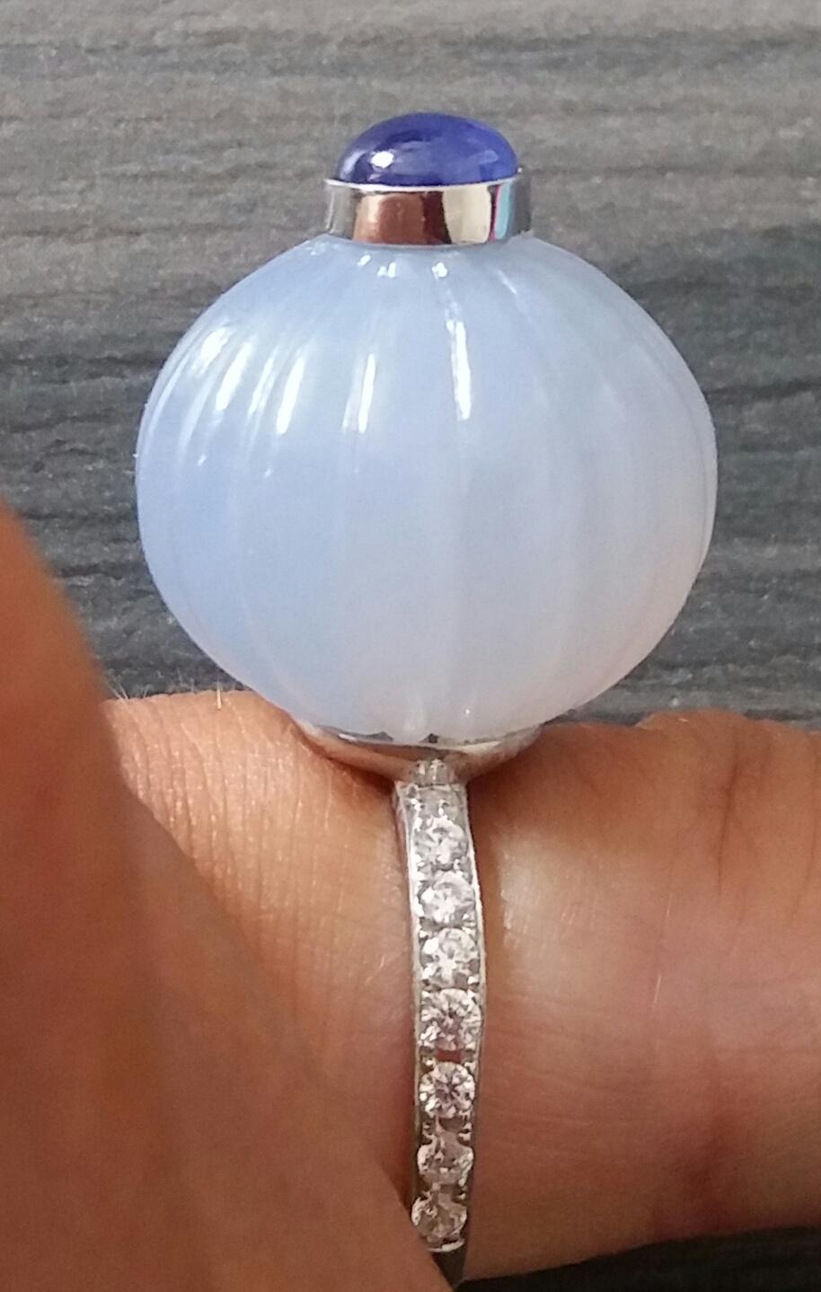 Chalcedony Blue Sapphire Cabochon Diamonds 14 Karat White Gold Cocktail Ring For Sale 1