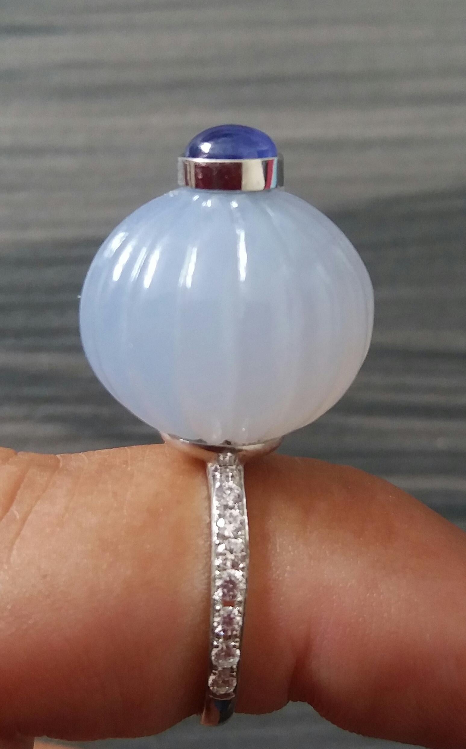 Chalcedony Blue Sapphire Cabochon Diamonds 14 Karat White Gold Cocktail Ring For Sale 3