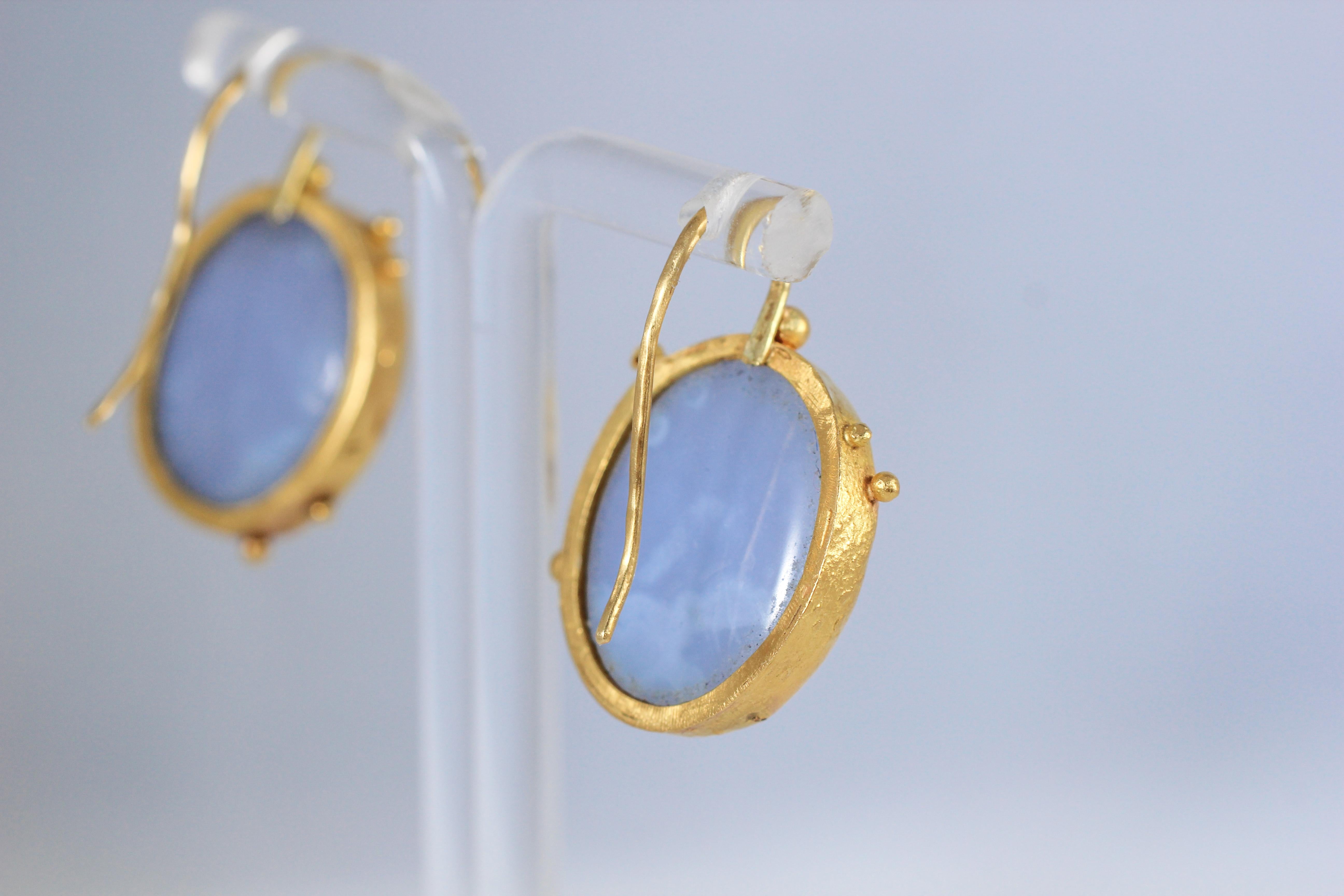Oval Cut Chalcedony Cabochons 22 Karat Gold Drop Earrings, Handmade Modern Jewelry For Sale
