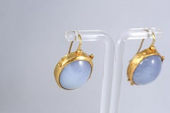 Chalcedony Cabochons 22 Karat Gold Drop Earrings, Handmade Modern Jewelry