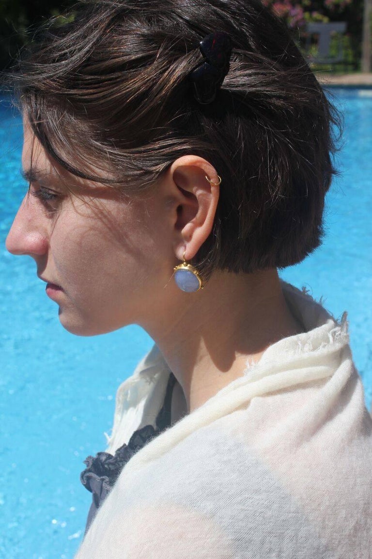 Chalcedony Cabochons 22 Karat Gold Drop Earrings, Handmade Modern Jewelry For Sale 4