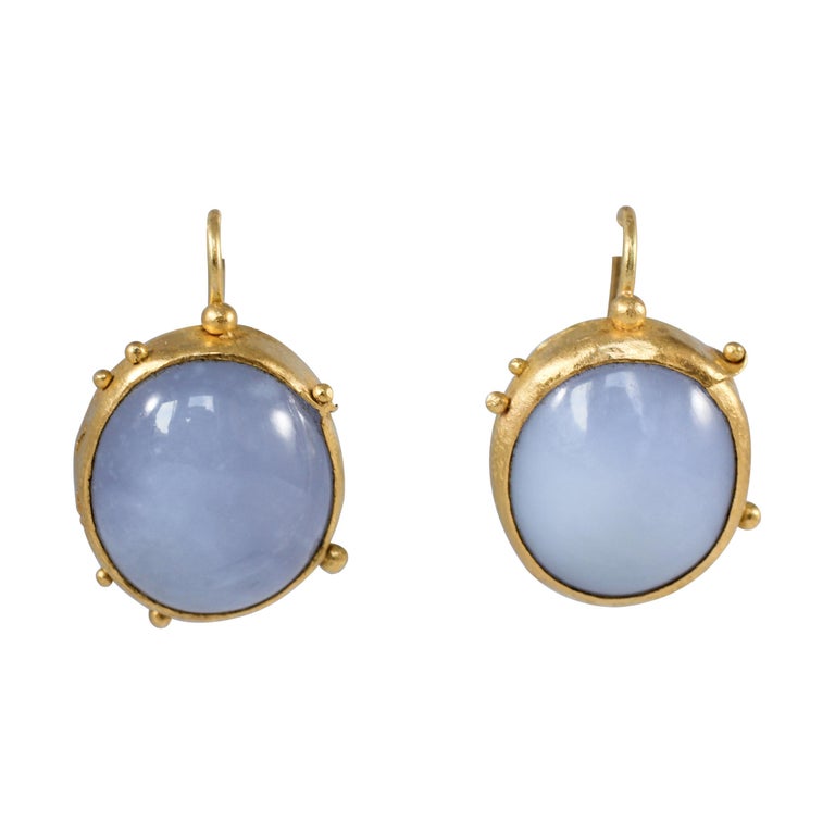Chalcedony Cabochons 22 Karat Gold Drop Earrings, Handmade Modern Jewelry For Sale