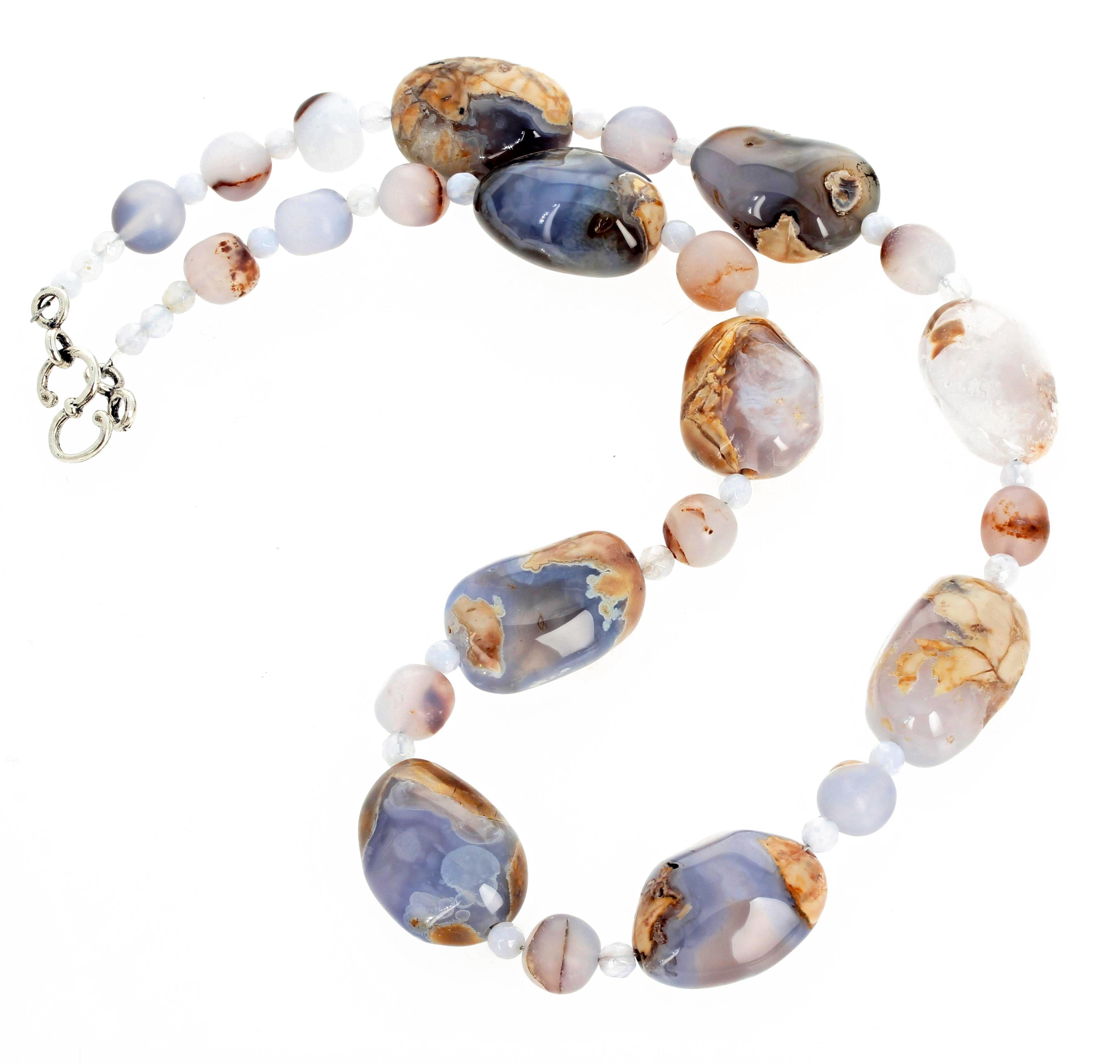 Polished chunks of natural Chalcedony (approximately 25mm x 18mm) - considered by some to be a healing gemstone -  enhanced with round polished Chalcedony gems and sparkling highly polished checkerboard gemcut Chalcedony.  This lovely necklace is 19
