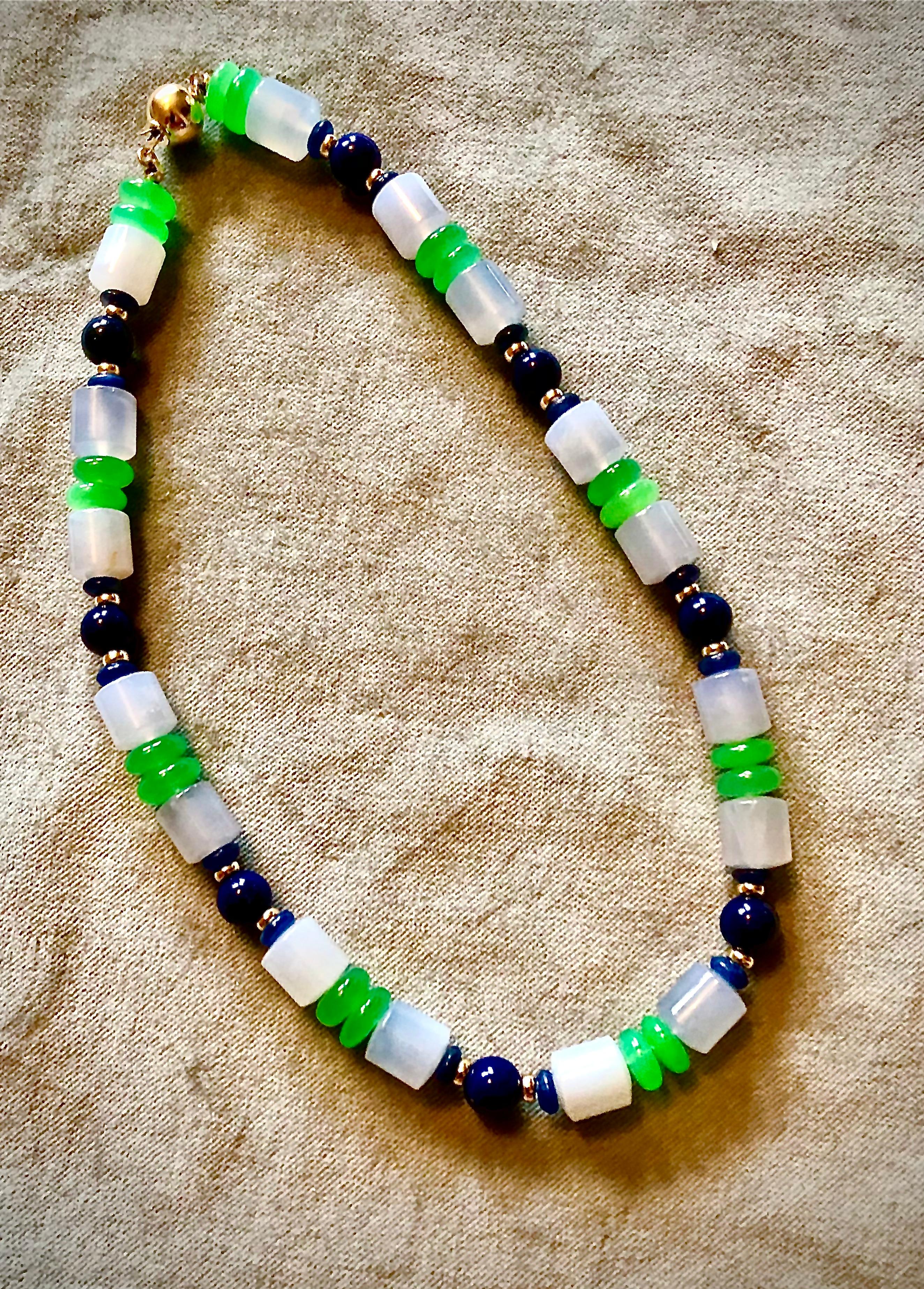 Modern Chalcedony, chrysoprase, lapis lazuli, sapphire and 14kt gold necklace For Sale