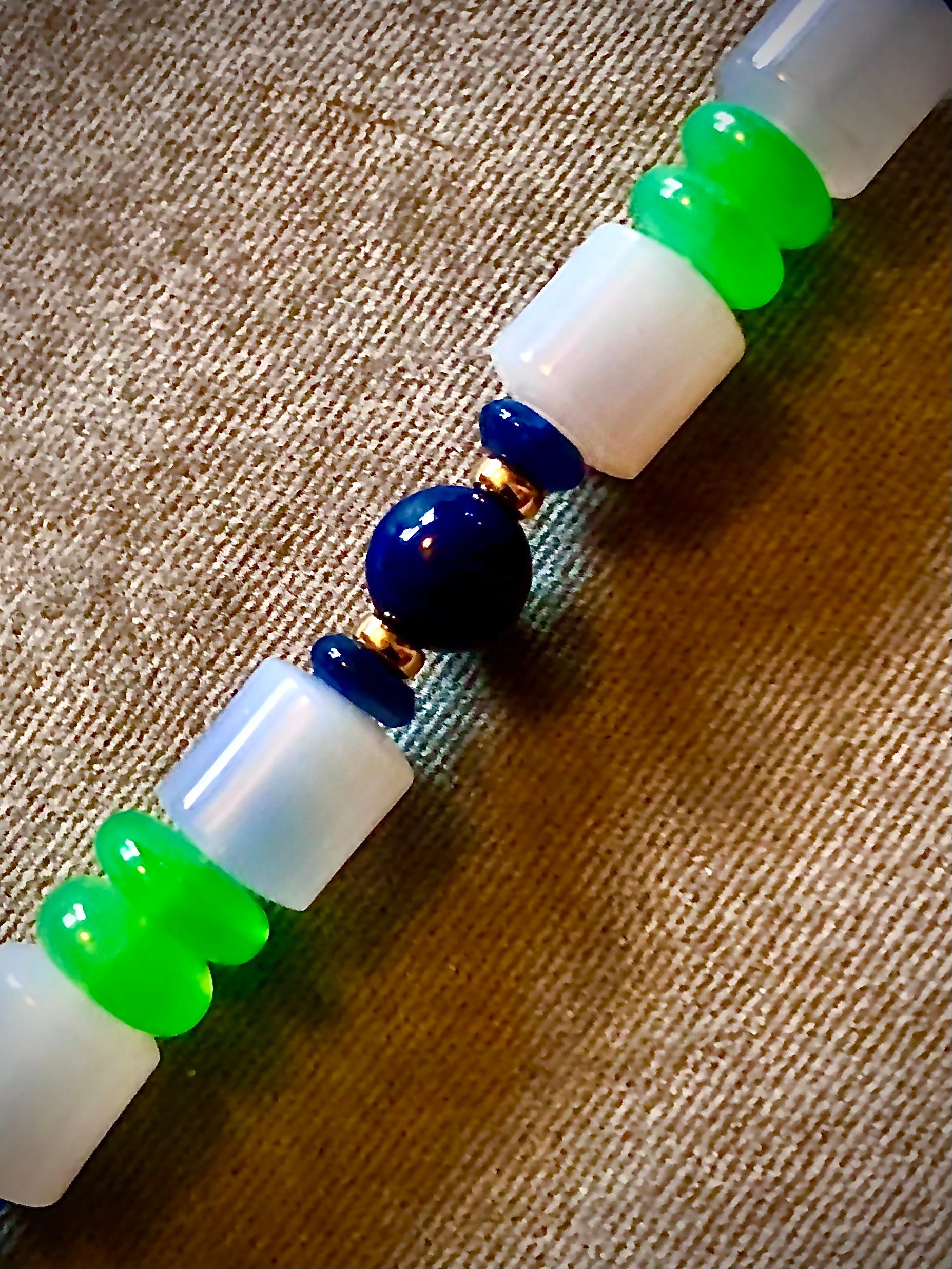 Bead Chalcedony, chrysoprase, lapis lazuli, sapphire and 14kt gold necklace For Sale