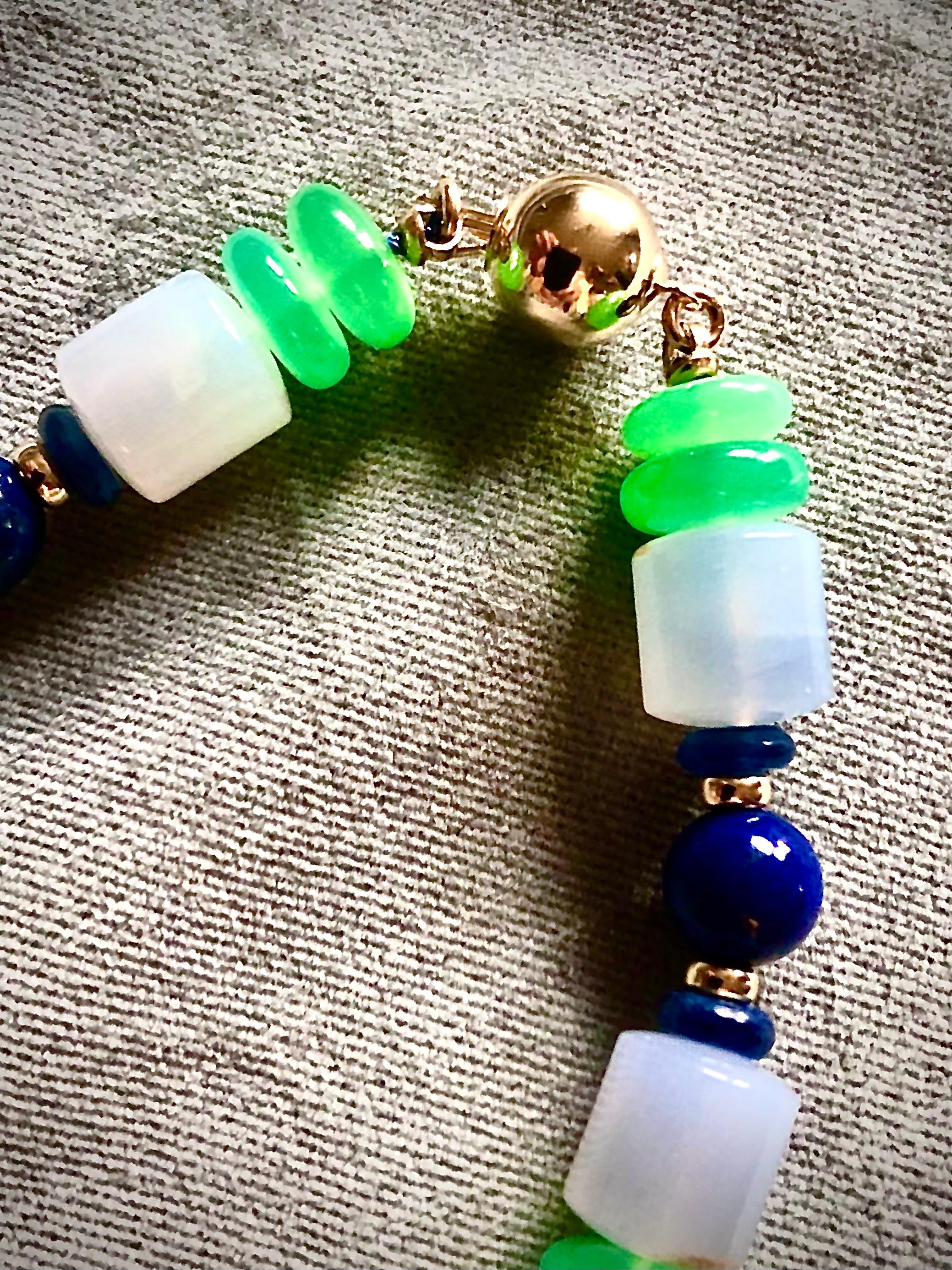 Chalcedony, chrysoprase, lapis lazuli, sapphire and 14kt gold necklace In New Condition For Sale In New Orleans, LA