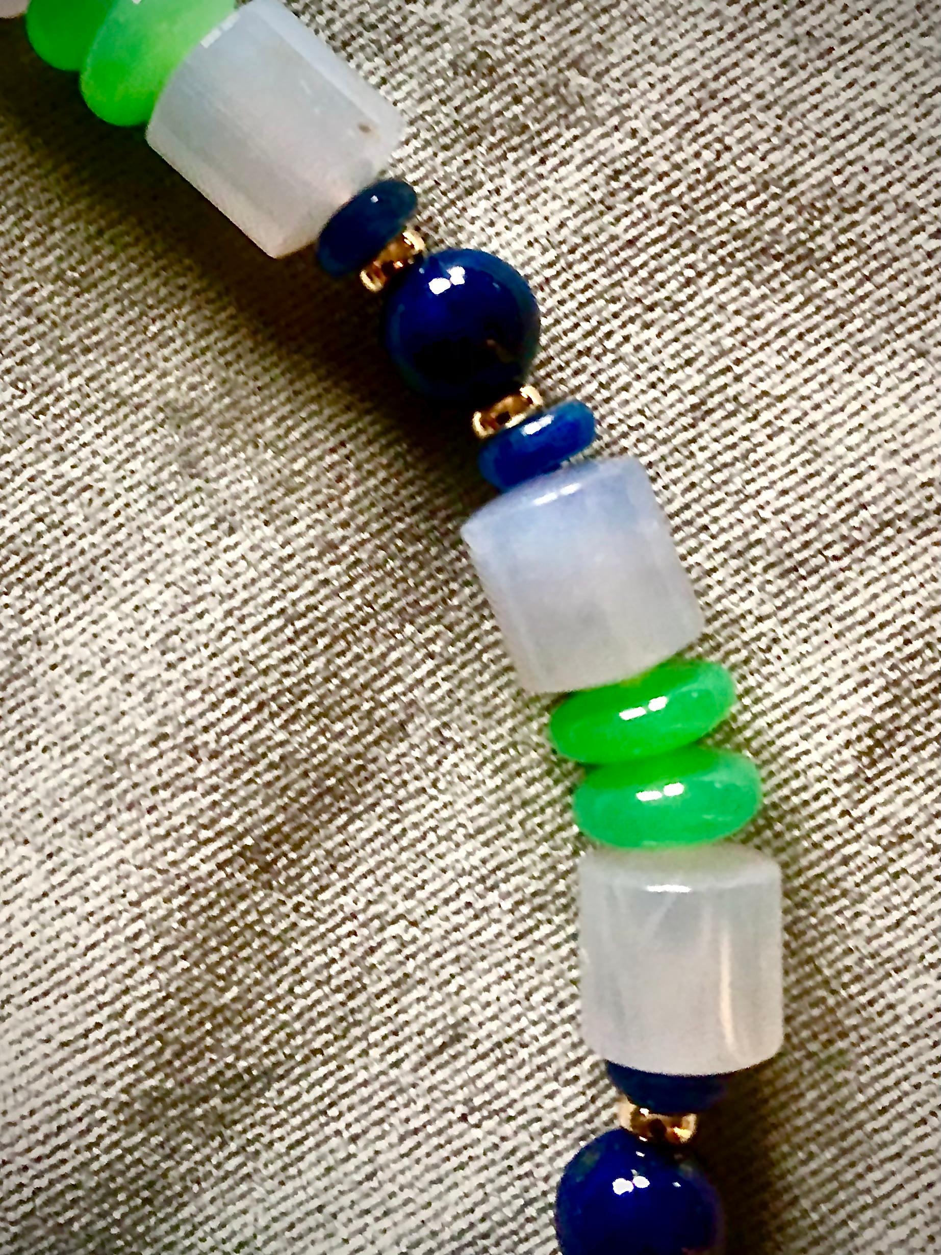 Women's Chalcedony, chrysoprase, lapis lazuli, sapphire and 14kt gold necklace For Sale