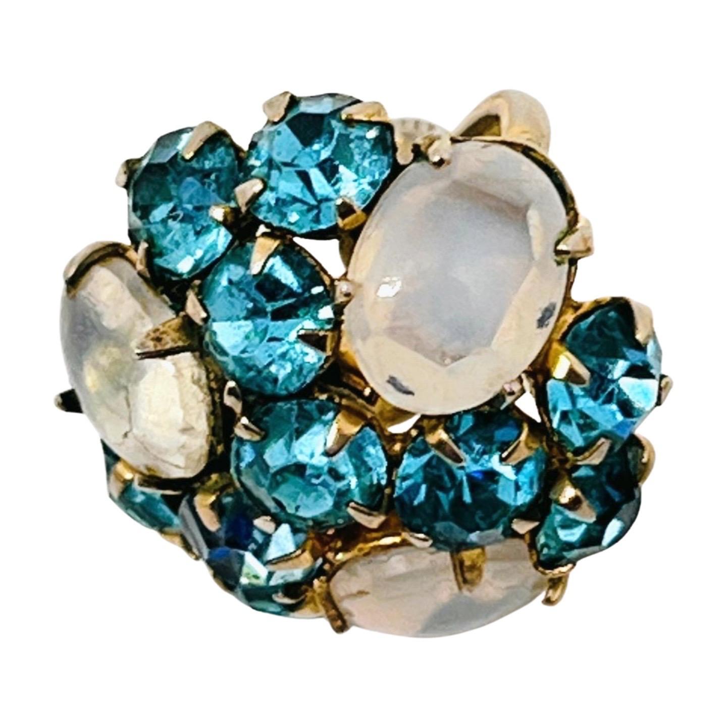 Chalcedony Cluster Screwback Earrings, Sky Blue Crystal Rhinestones For Sale 4
