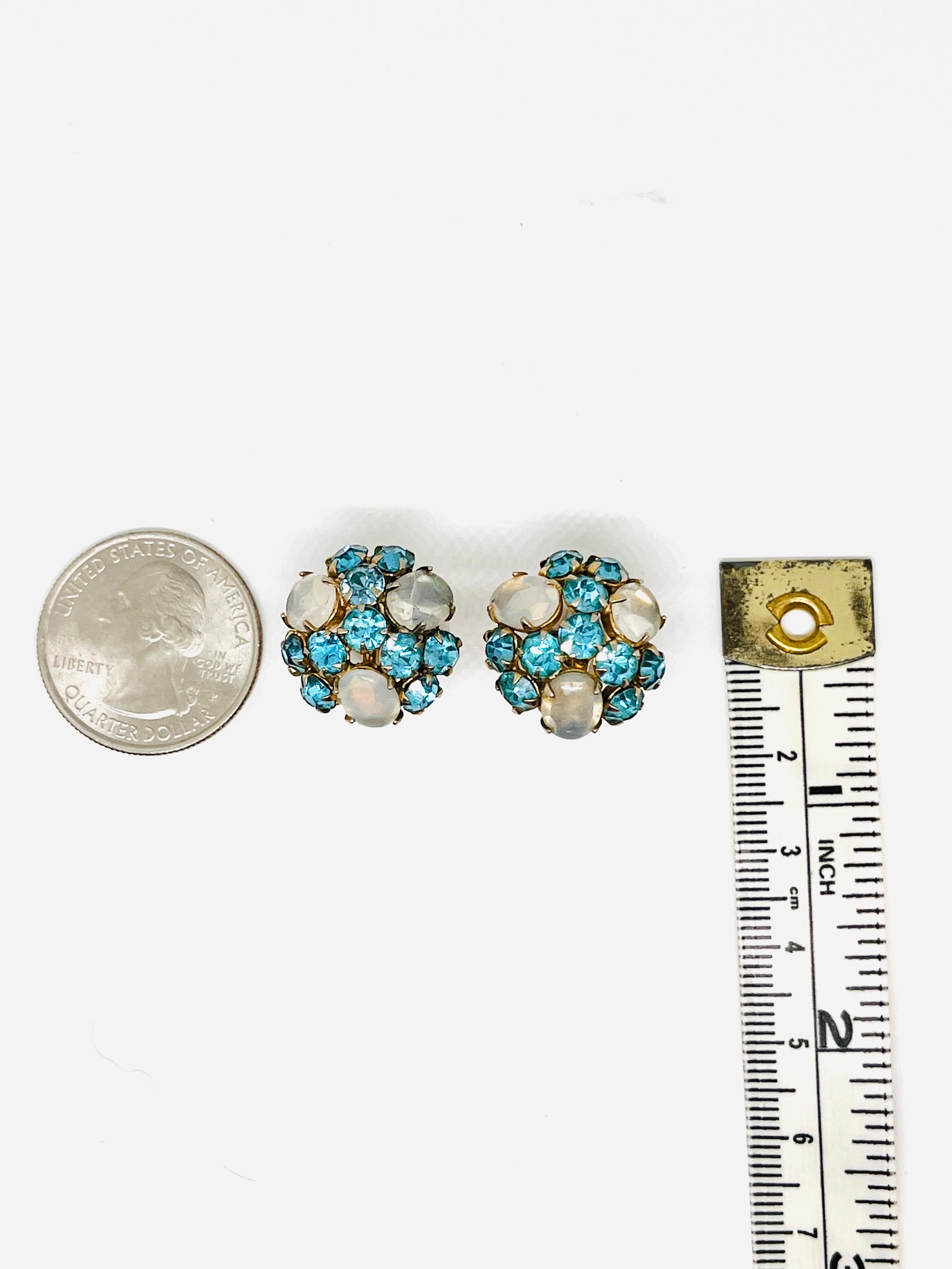 Chalcedony Cluster Screwback Earrings, Sky Blue Crystal Rhinestones For Sale 7