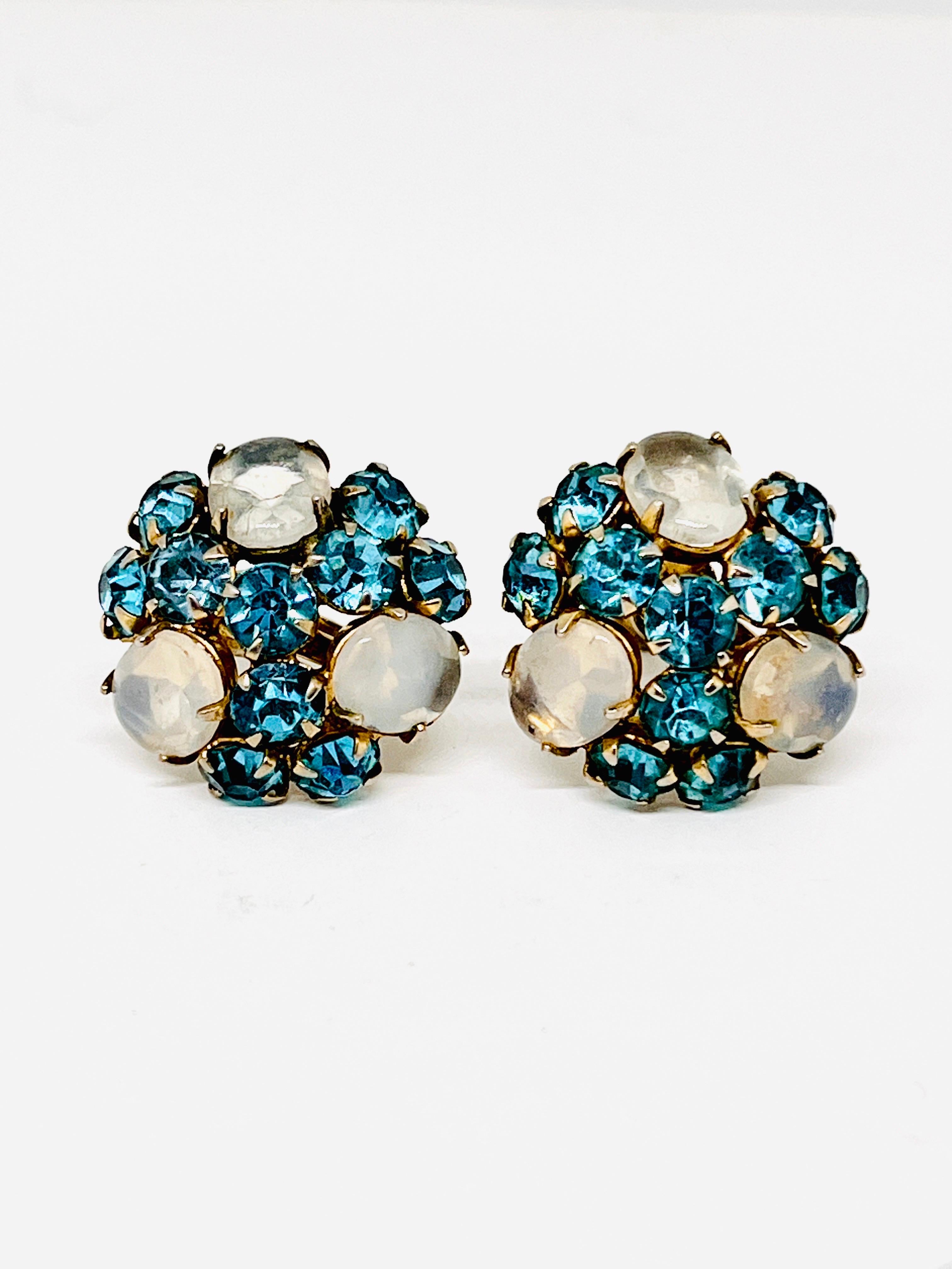 Chalcedony Cluster Screwback Earrings, Sky Blue Crystal Rhinestones For Sale 8