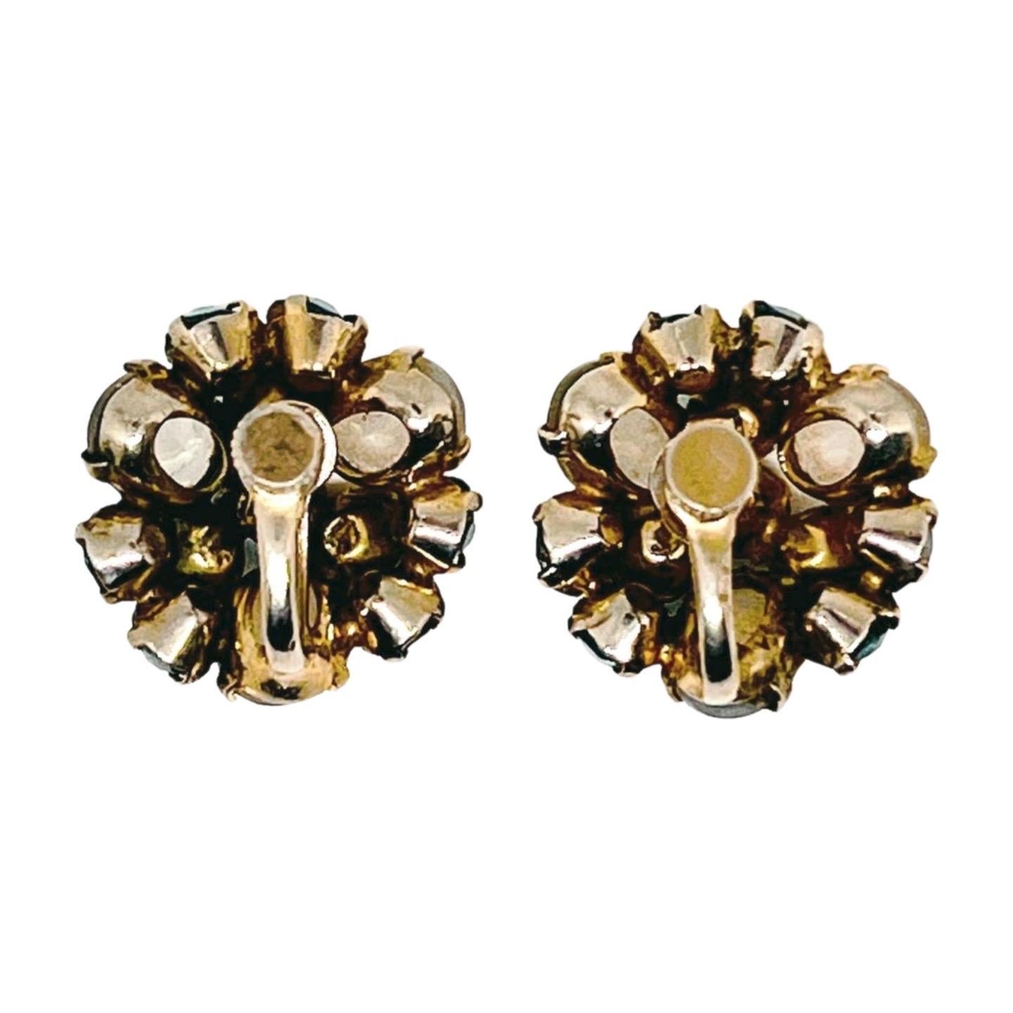 Chalcedony Cluster Earrings, Screwback and Sky Blue Faux Topaz Crystal (Electrum?), Golden/ Silver metal, Screwback Earrings, Early Midcentury 

Elegant and delicately appearing earrings from the early midcentury have openback detail behind the
