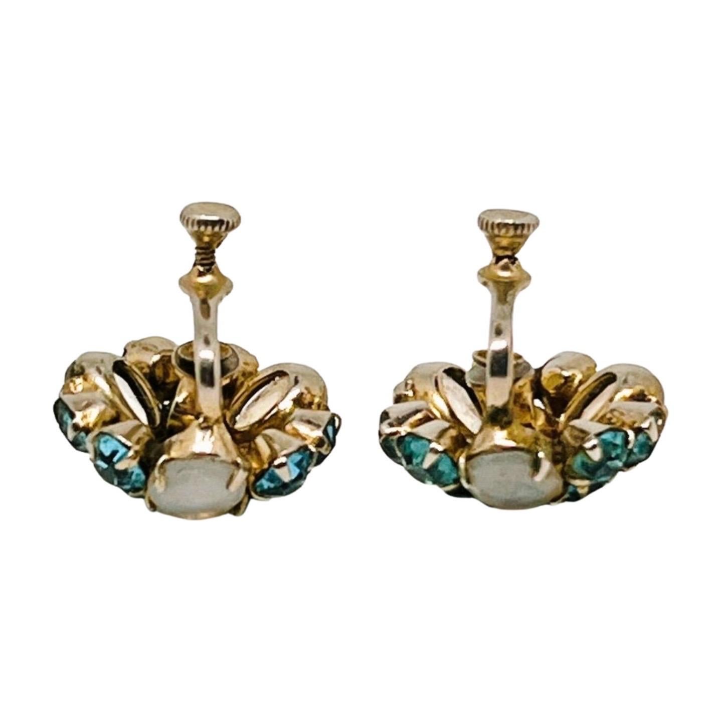 Cabochon Chalcedony Cluster Screwback Earrings, Sky Blue Crystal Rhinestones For Sale
