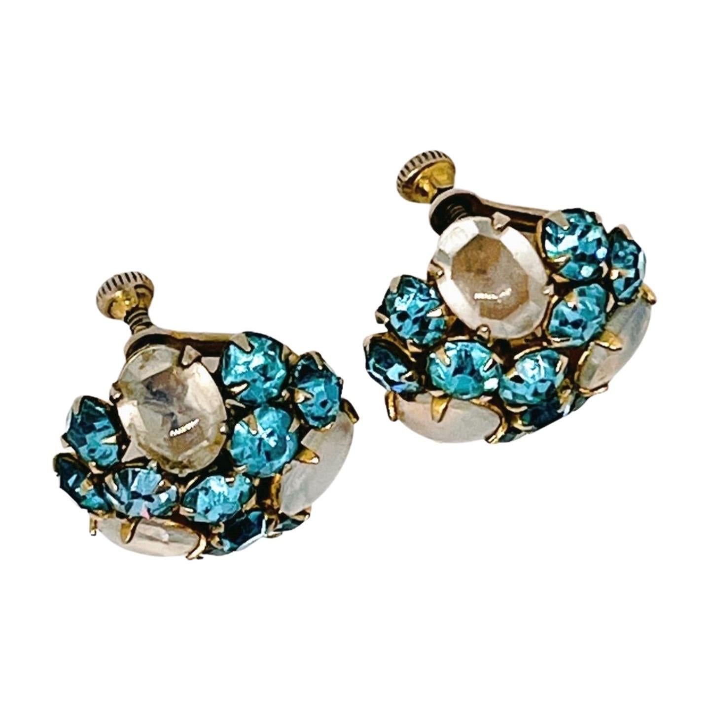 Chalcedony Cluster Screwback Earrings, Sky Blue Crystal Rhinestones For Sale 1