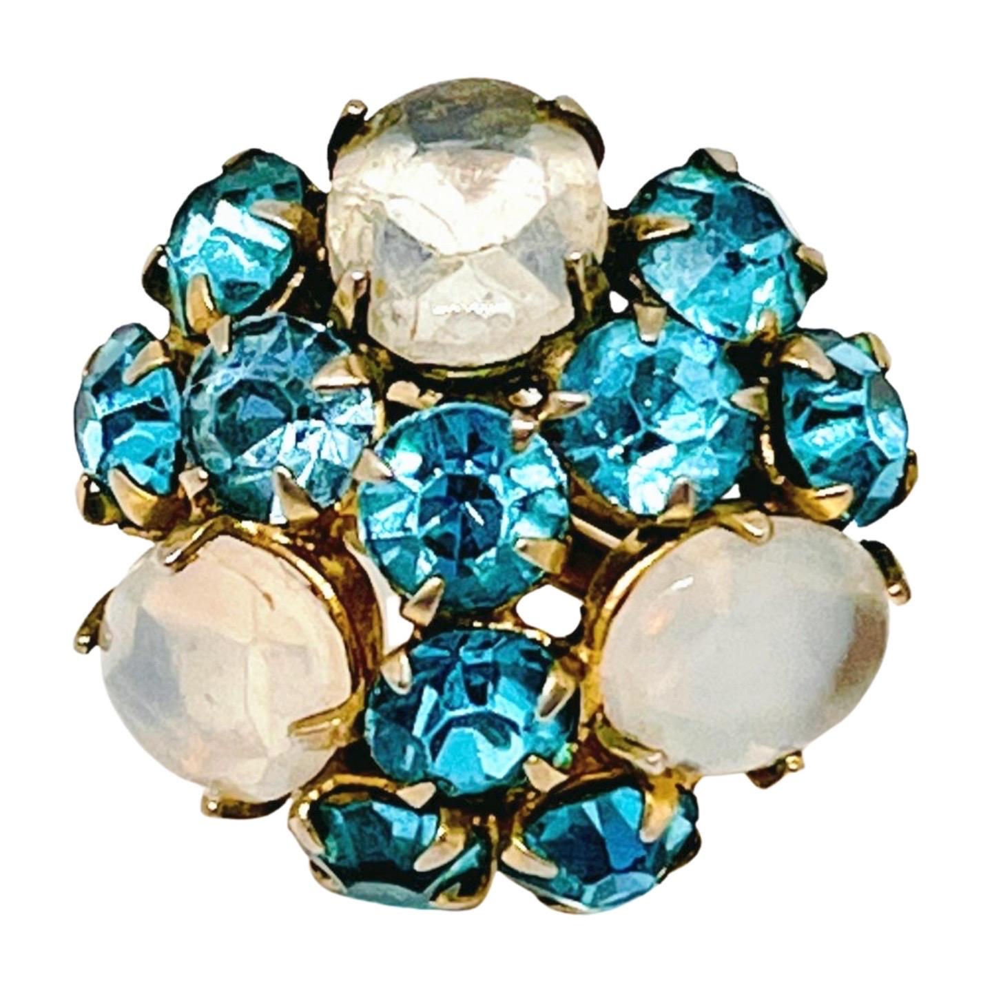 Chalcedony Cluster Screwback Earrings, Sky Blue Crystal Rhinestones For Sale 3