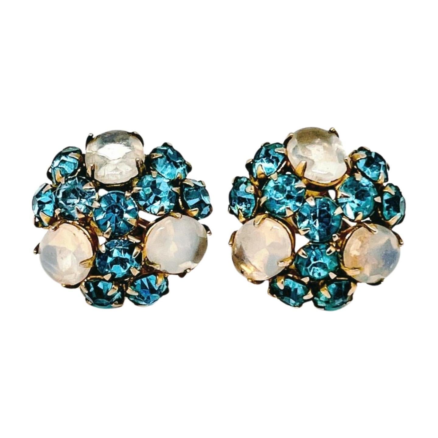 Chalcedony Cluster Screwback Earrings, Sky Blue Crystal Rhinestones For Sale