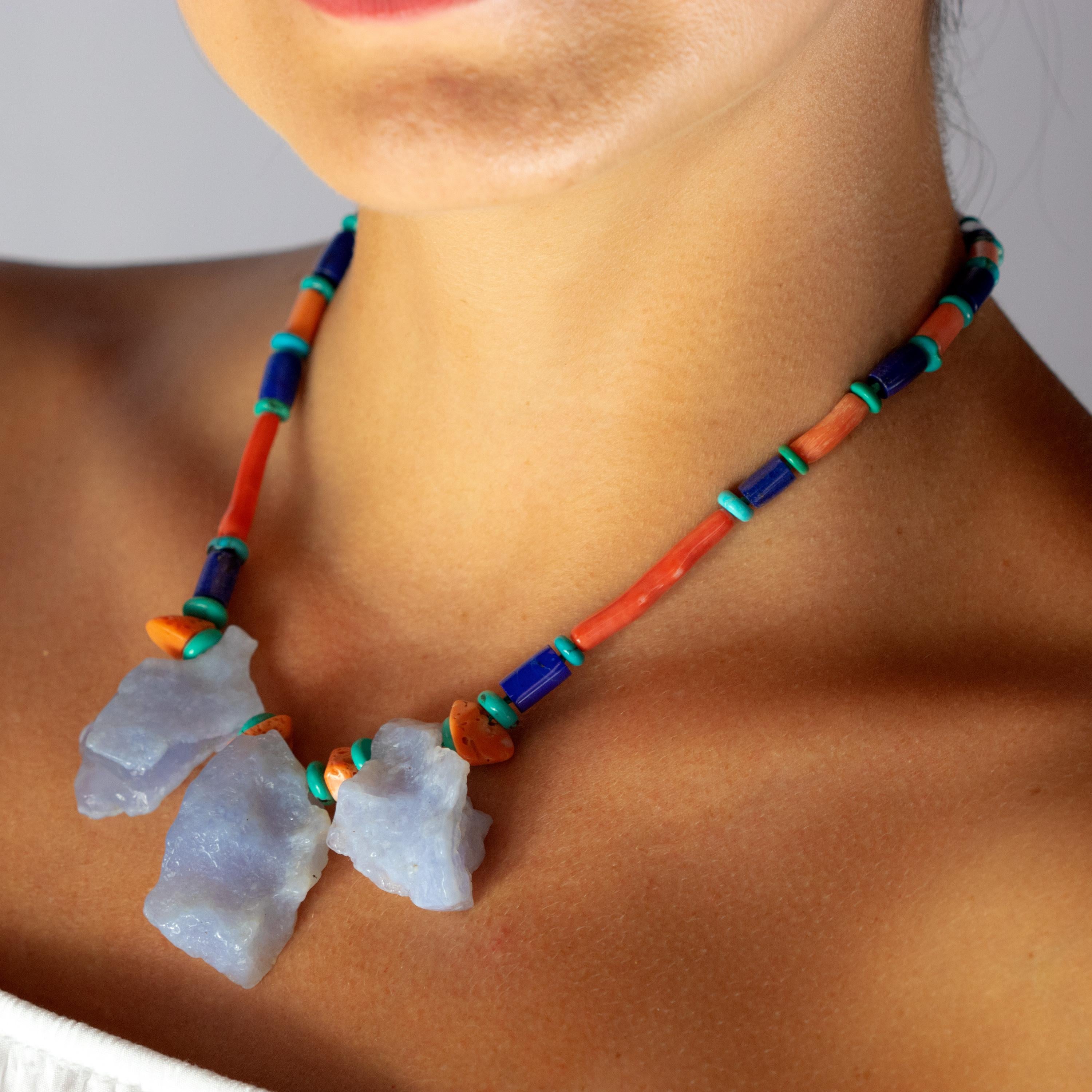Breathtaking and sumptuous luminous necklace with Chalcedony Lapis Lazuli Turquoise and coral stones. Abstract jewellery 925 sterling silver piece inspired by the beauty of the diversity, asymmetry and color. Stunning masterpiece with a range of