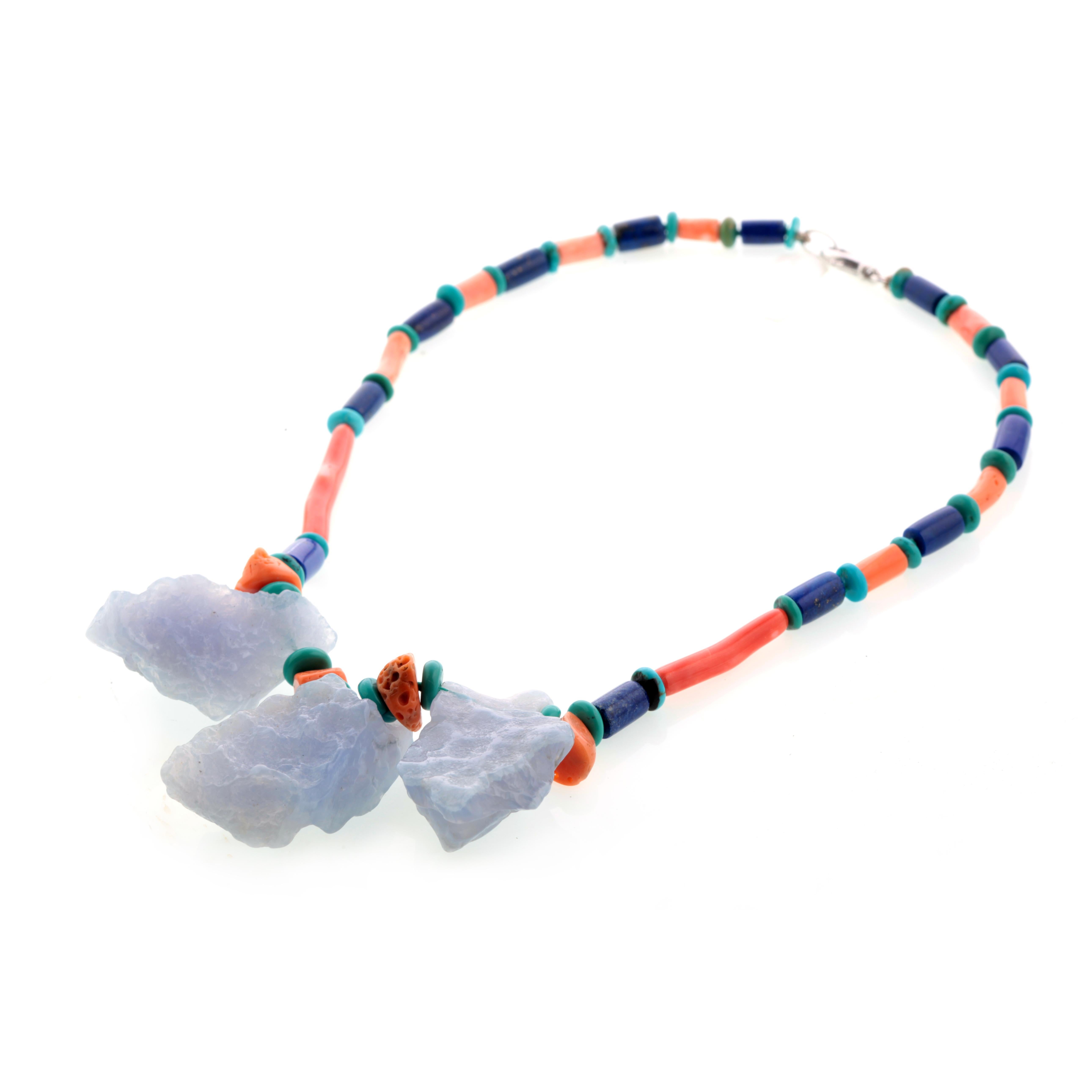 Uncut Chalcedony Coral Lapis Lazuli Turquoise Assymetric Summer Silver Beaded Necklace For Sale
