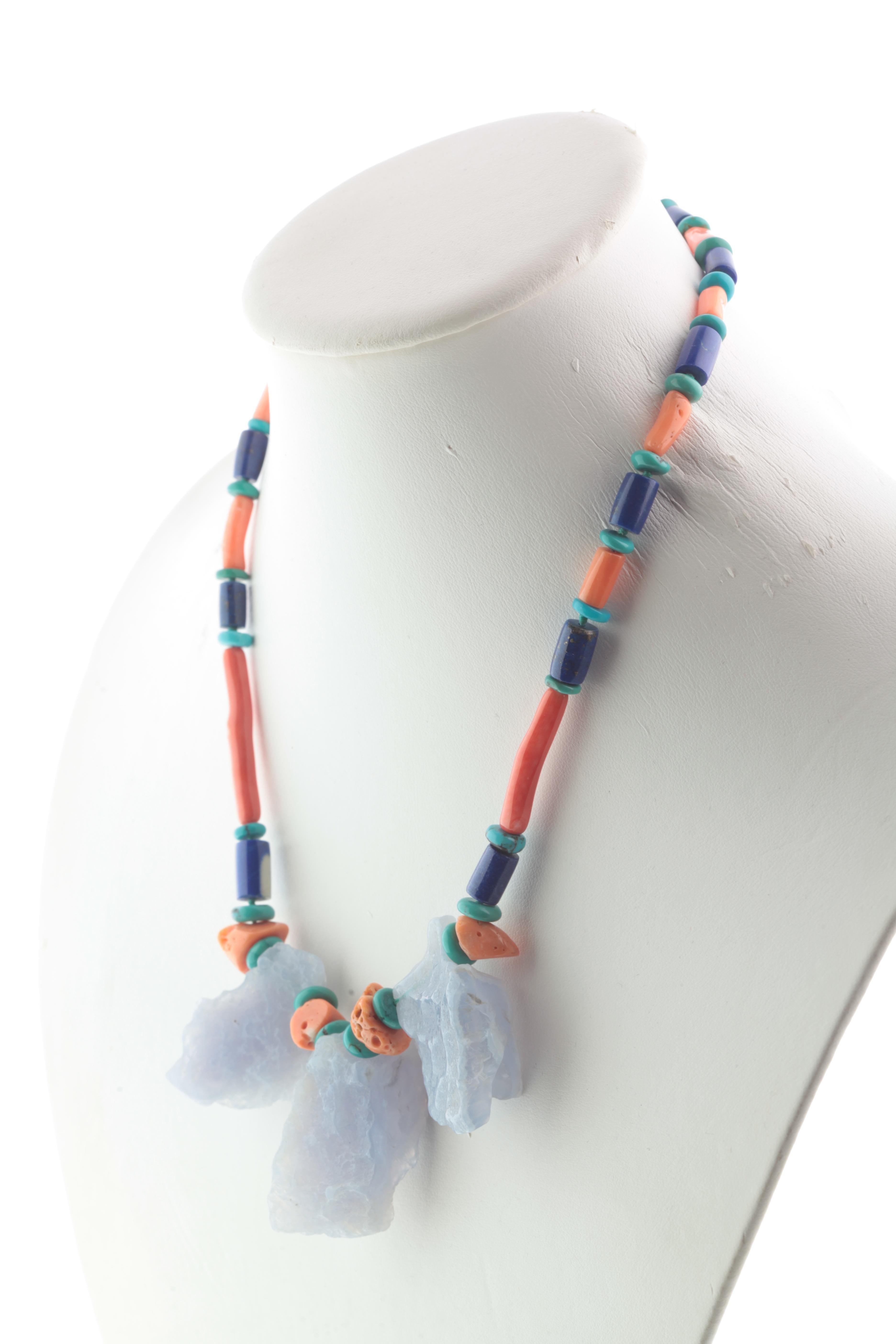 Women's Chalcedony Coral Lapis Lazuli Turquoise Assymetric Summer Silver Beaded Necklace For Sale