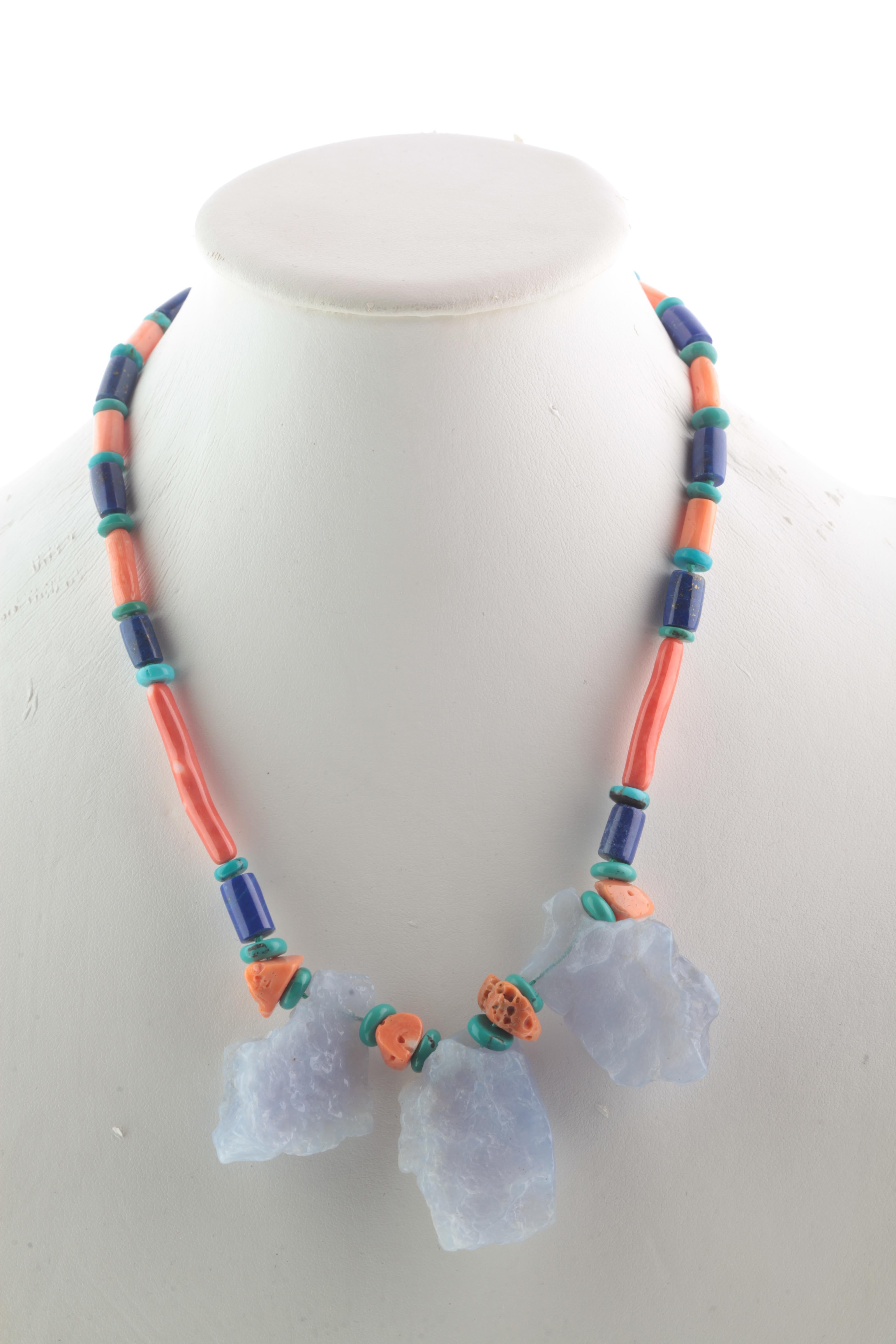 Chalcedony Coral Lapis Lazuli Turquoise Assymetric Summer Silver Beaded Necklace For Sale 1