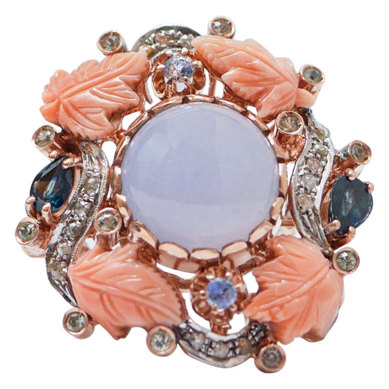 Chalcedony, Coral, Sapphires, Diamonds, Rose Gold and Silver Ring.