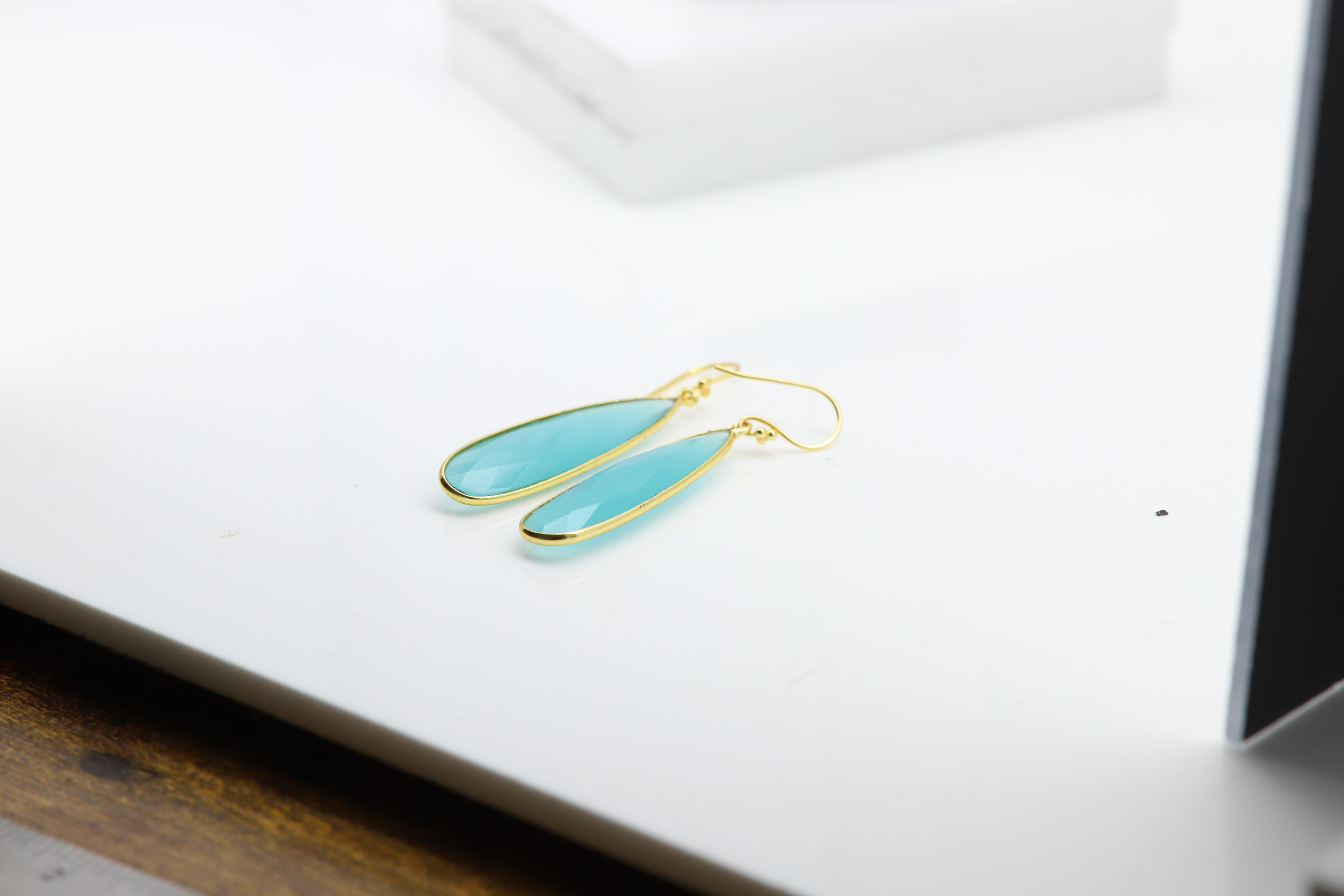 Chalcedony Dangle Earrings Sterling Silver Turquoise color Earring For Sale 3