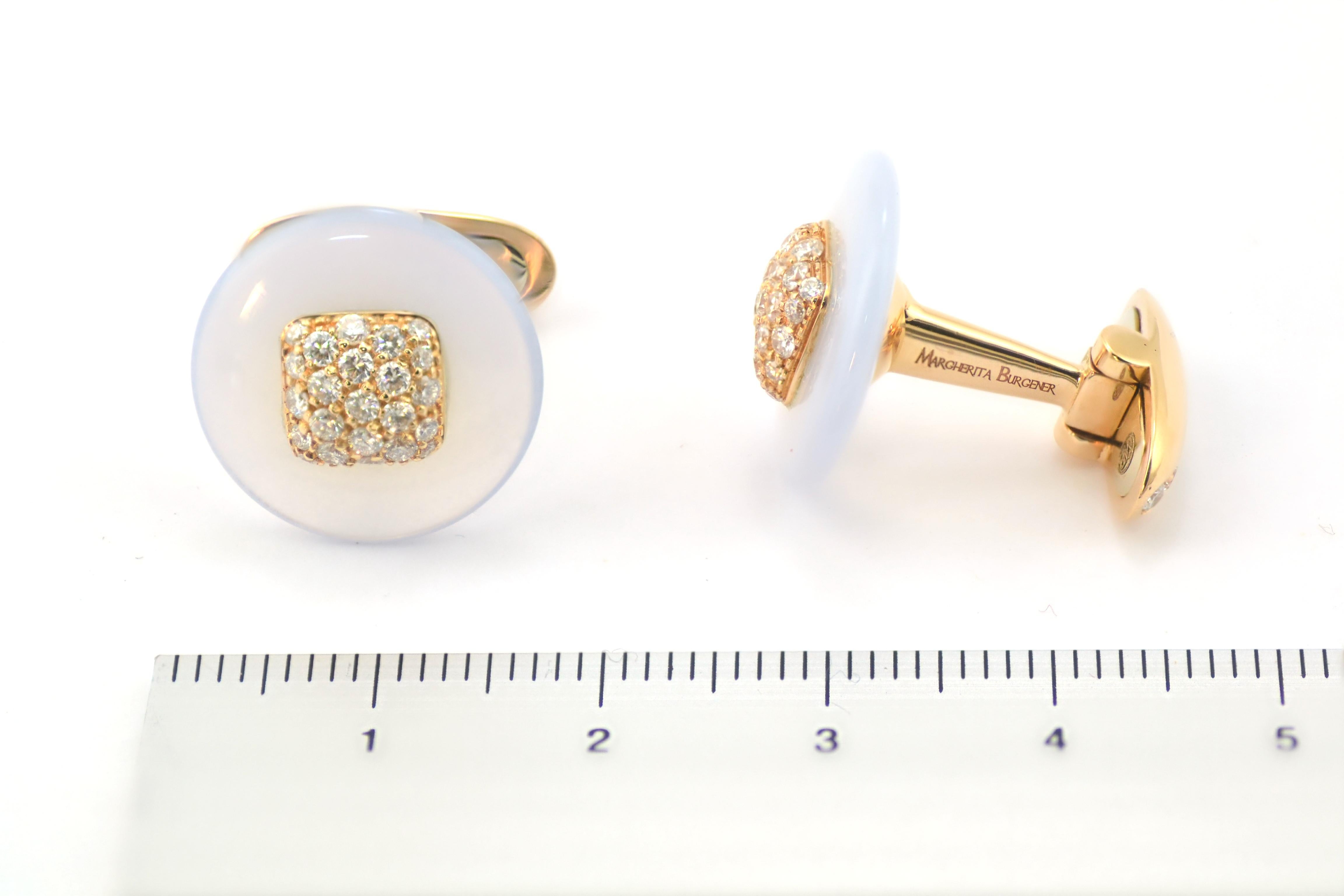 Women's or Men's Chalcedony Diamonds 18 KT Rose Gold Margherita Burgener Cufflinks For Sale