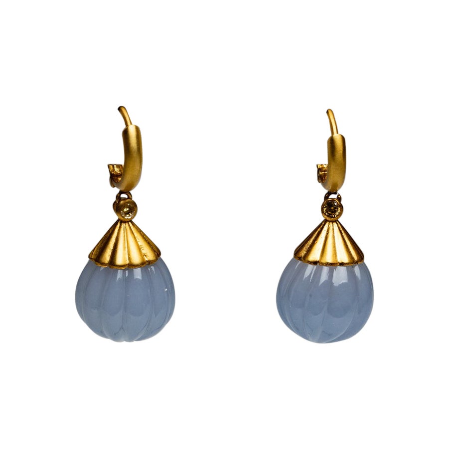 Chalcedony, Diamond and 18K Gold Drop Hoop Earrings