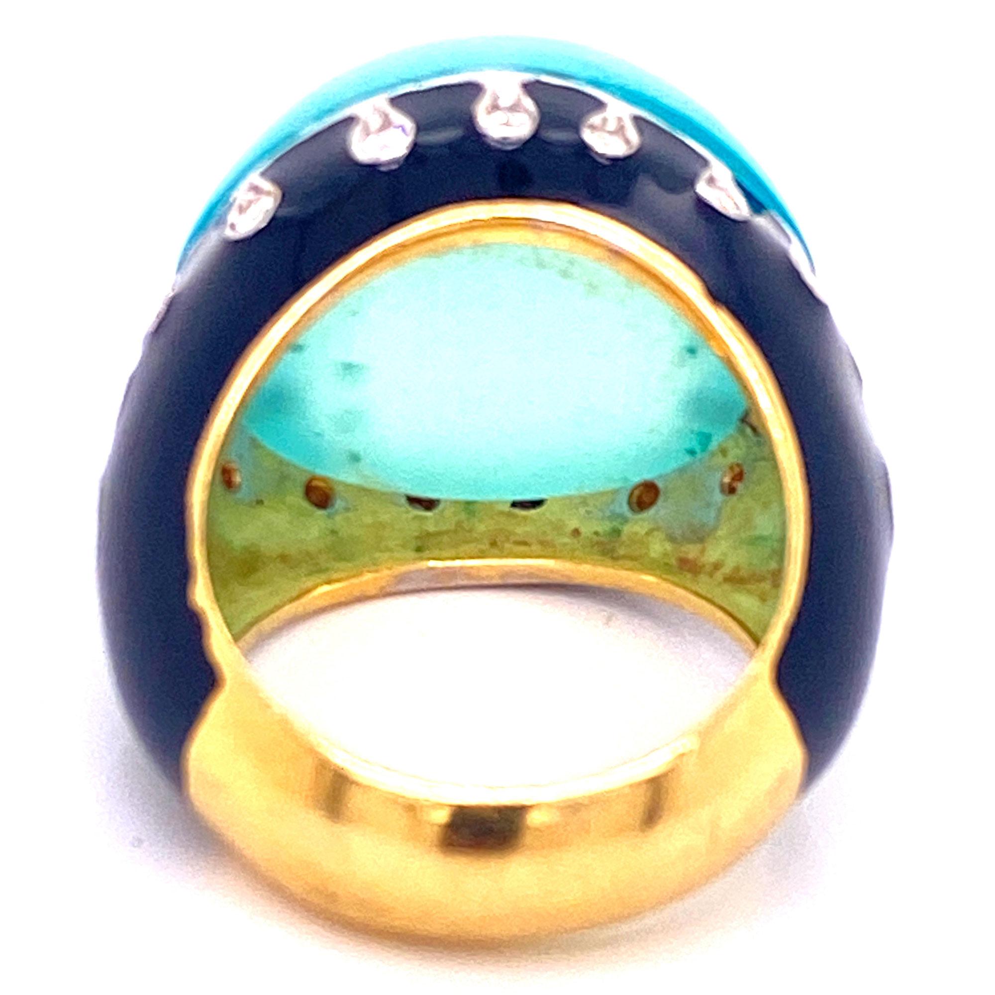 Fabulous cocktail ring featuring a large cabochon chalcedony gemstone set in an 18 karat yellow gold mounting. The mounting is hand crafted with black enamel and round brilliant cut diamonds (.40 CTW). The ring is currently size 7 and the chalcedony