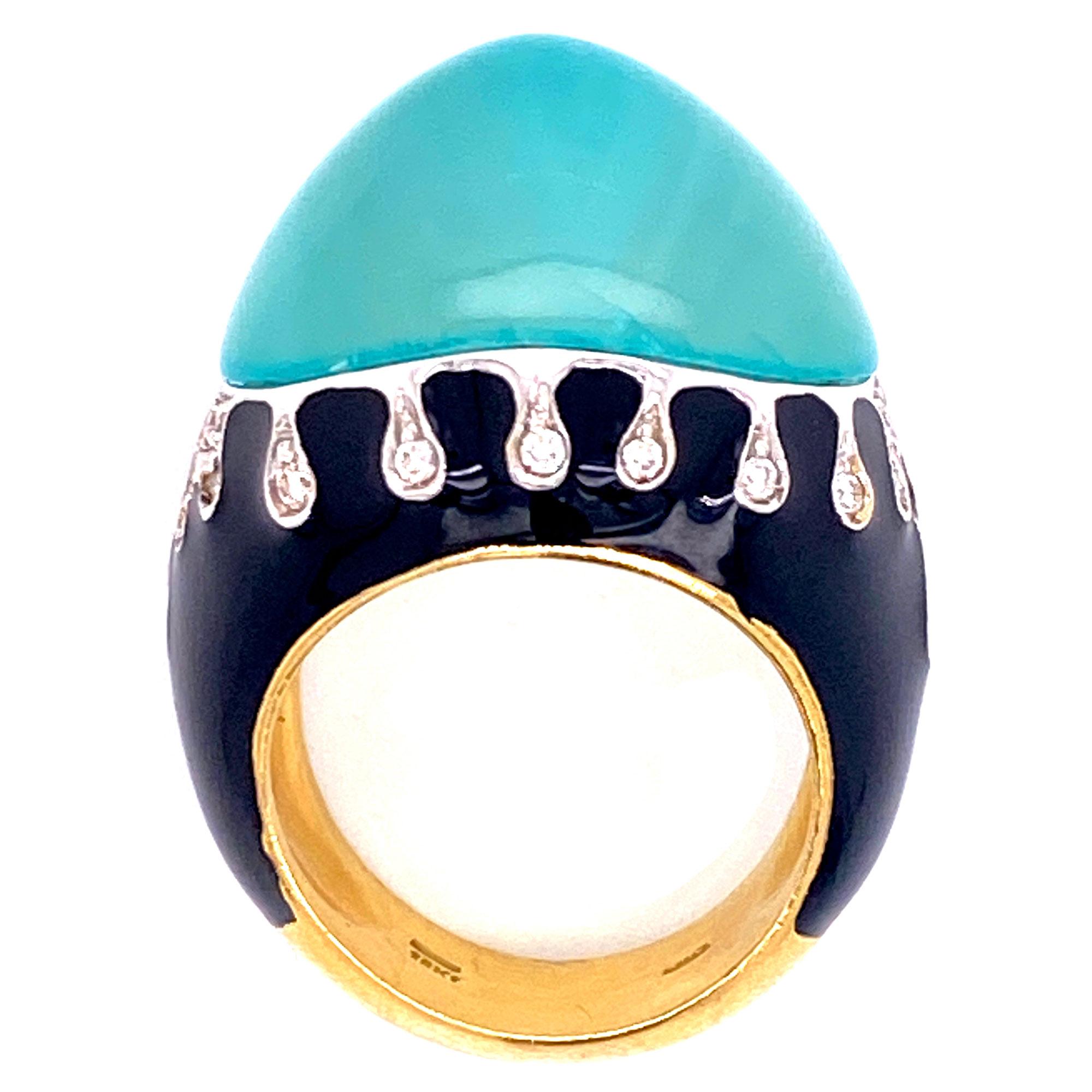 Contemporary Chalcedony Diamond Black Enamel 18 Karat Yellow Gold Cocktail Ring