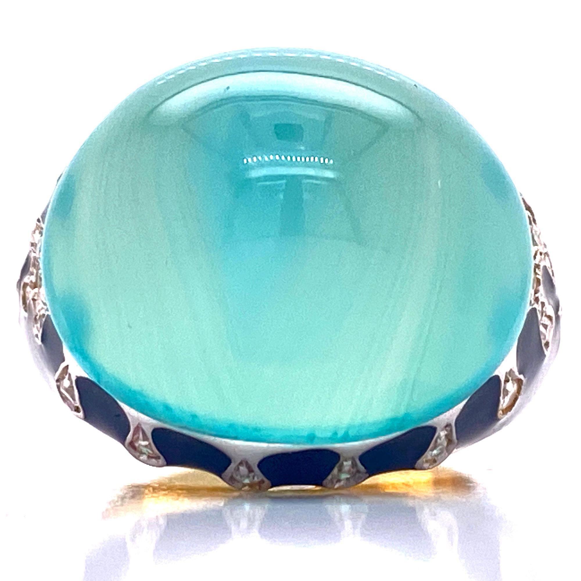 Round Cut Chalcedony Diamond Black Enamel 18 Karat Yellow Gold Cocktail Ring