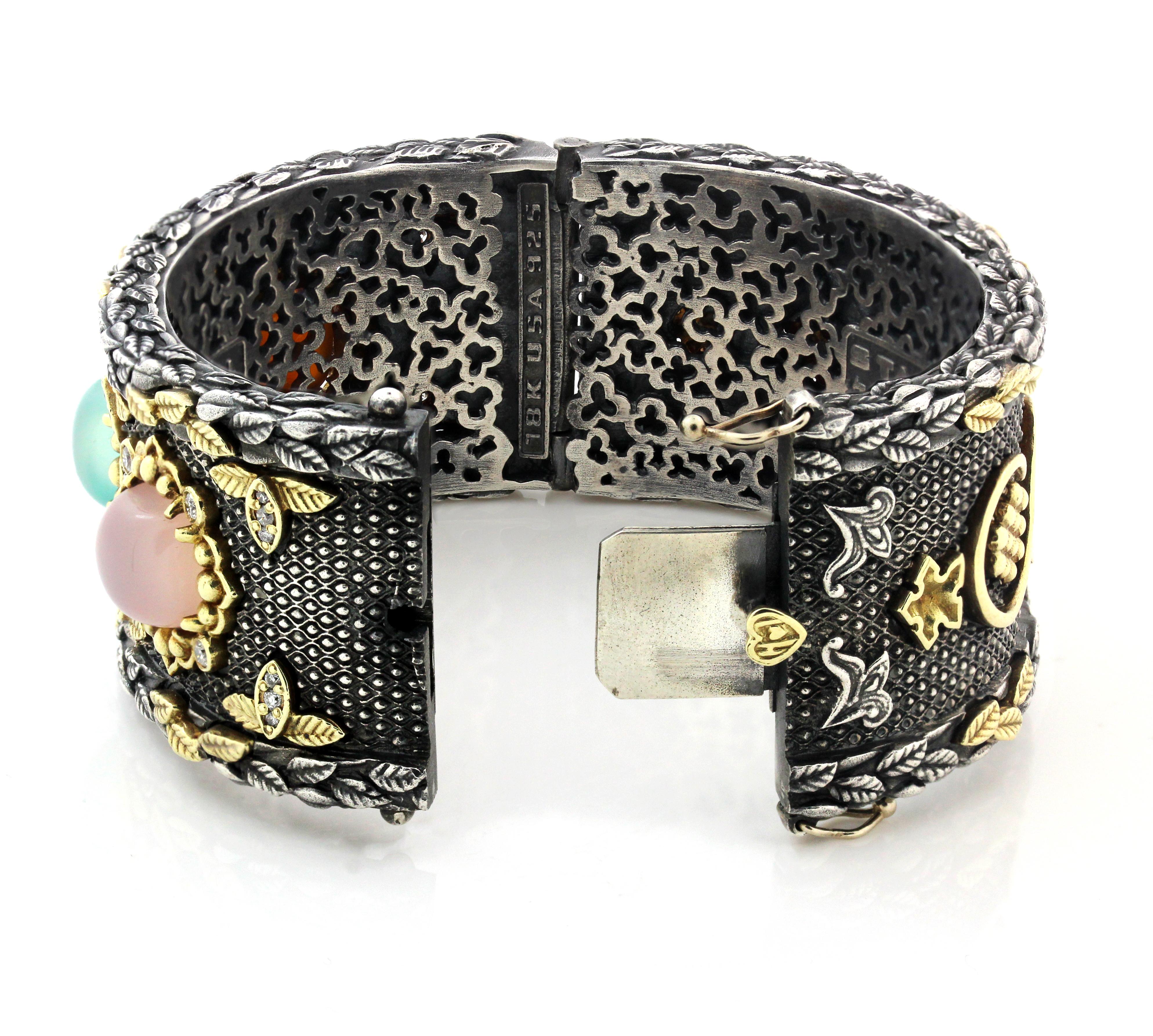 Women's Chalcedony Diamond Cuff Bangle Bracelet Sterling Silver and Gold Stambolian