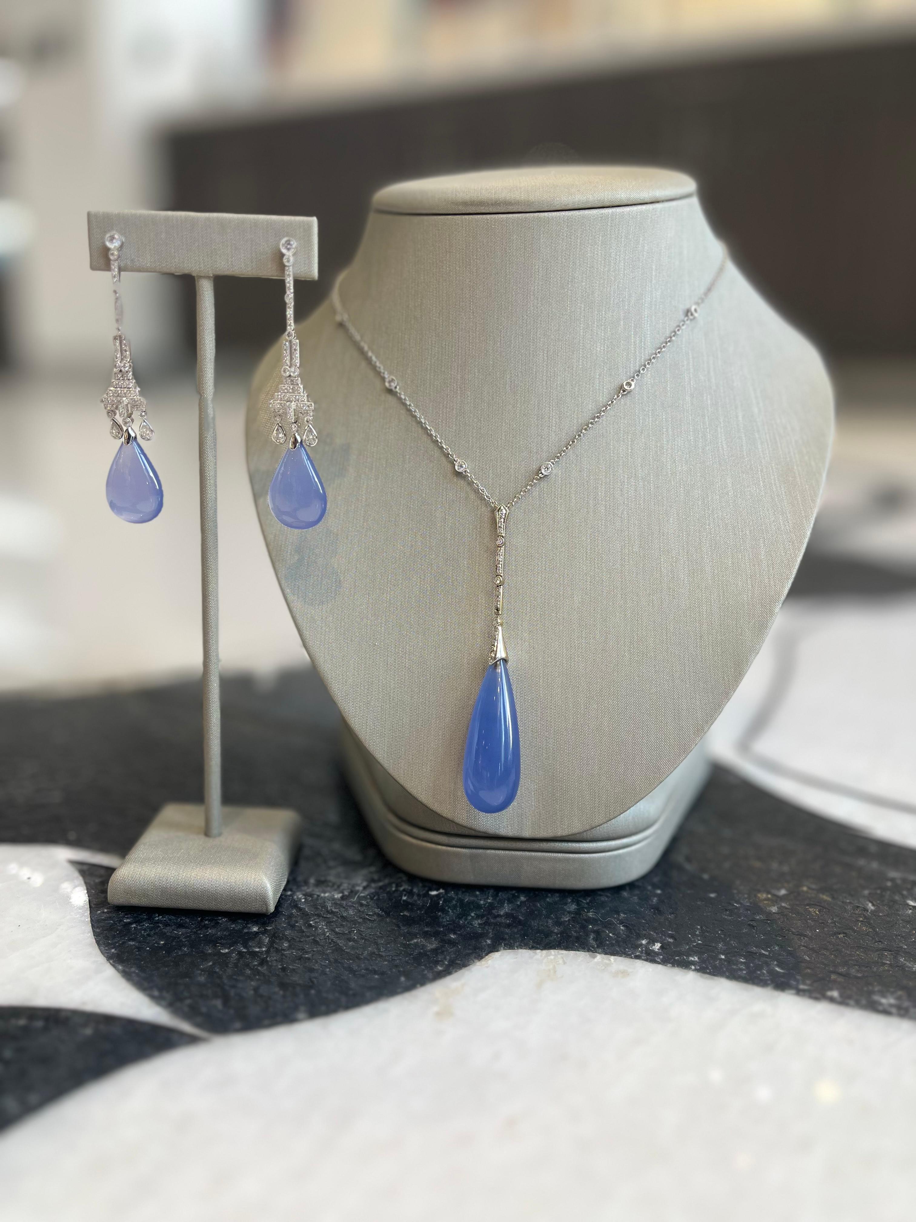 Art Deco Chalcedony & Diamond Earrings and Necklace Set in 18k White Gold For Sale