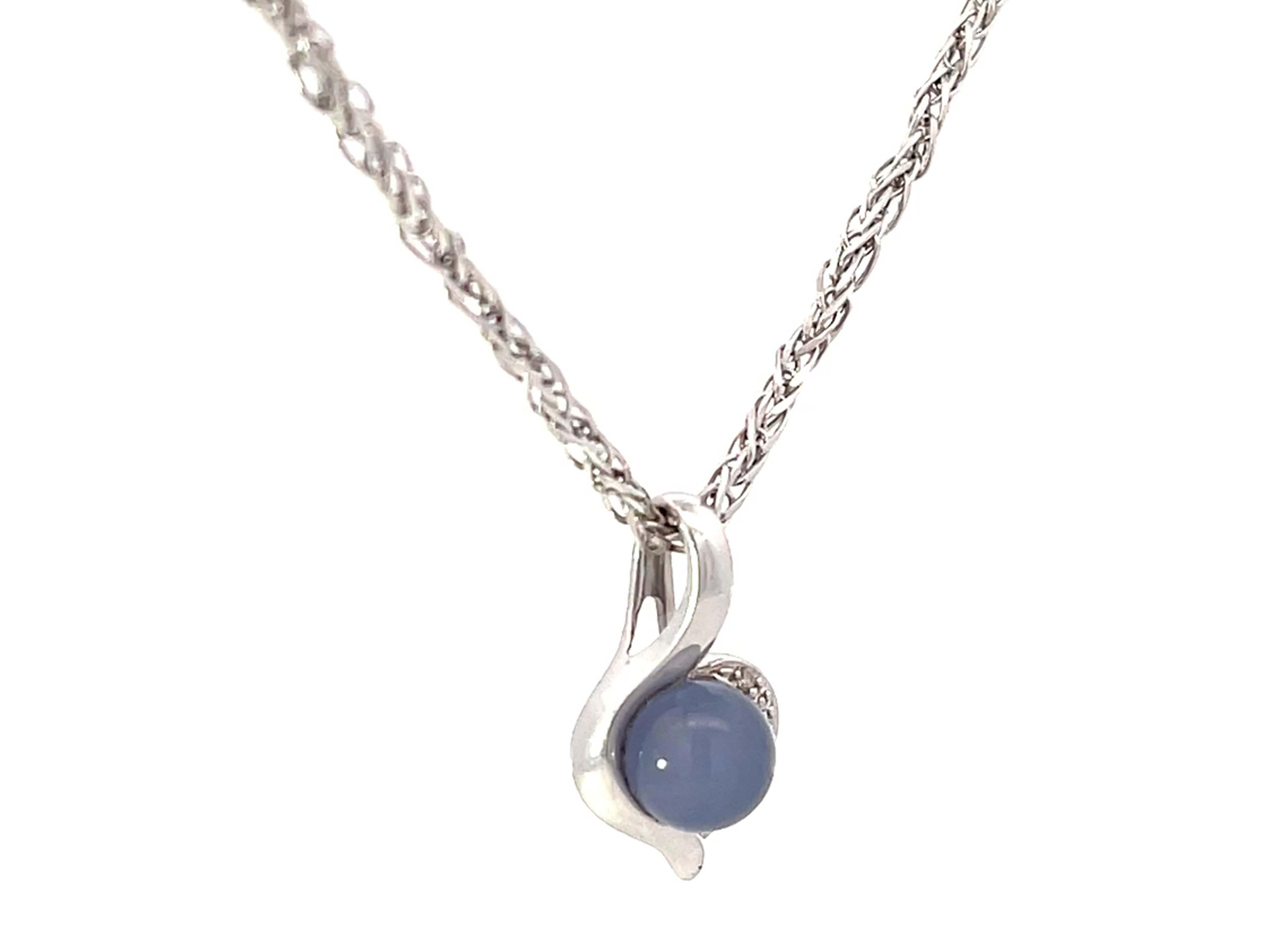 Modern Chalcedony Diamond Pendant Necklace Solid 18k White Gold For Sale