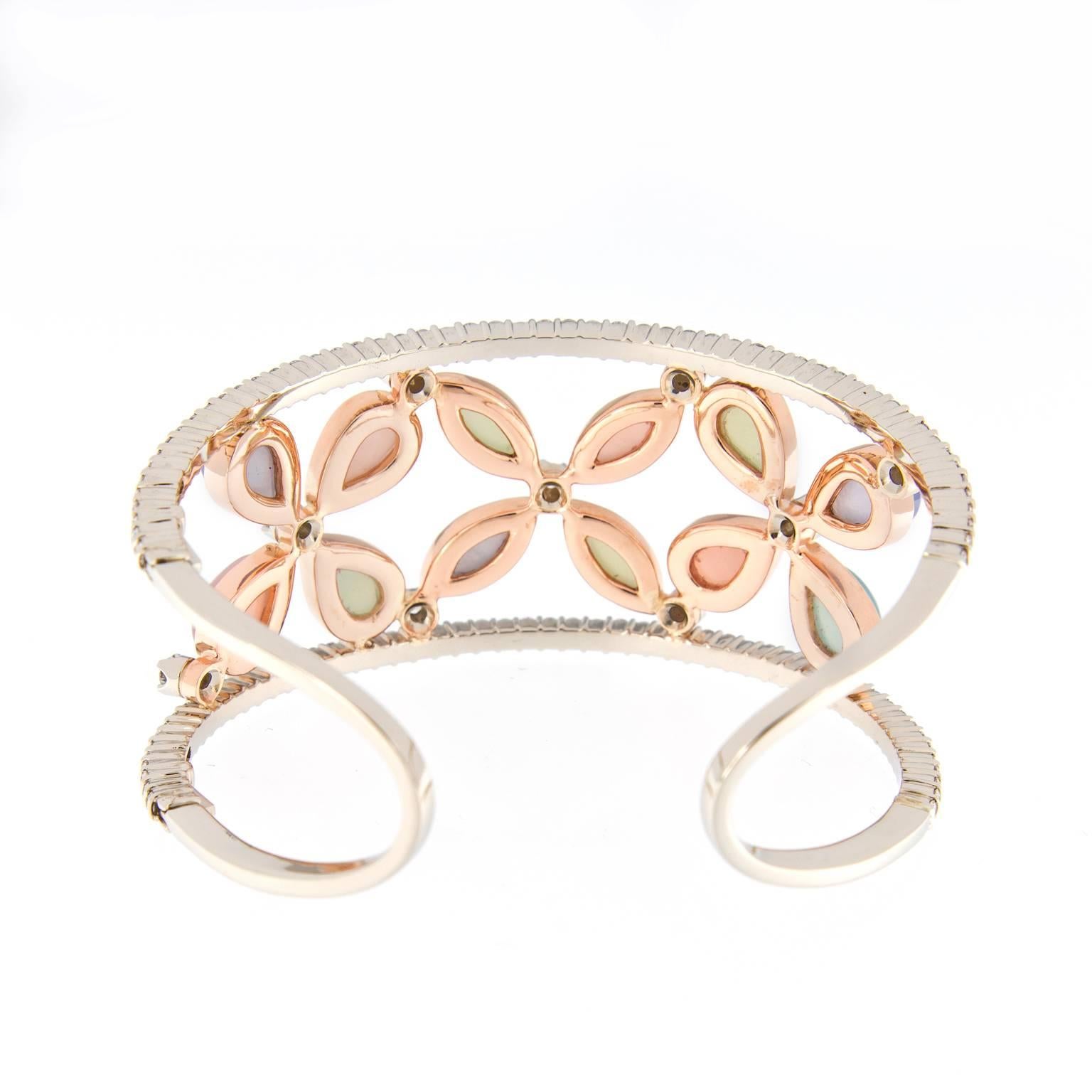Contemporary Chalcedony Diamond Wide Cuff Gold Bracelet