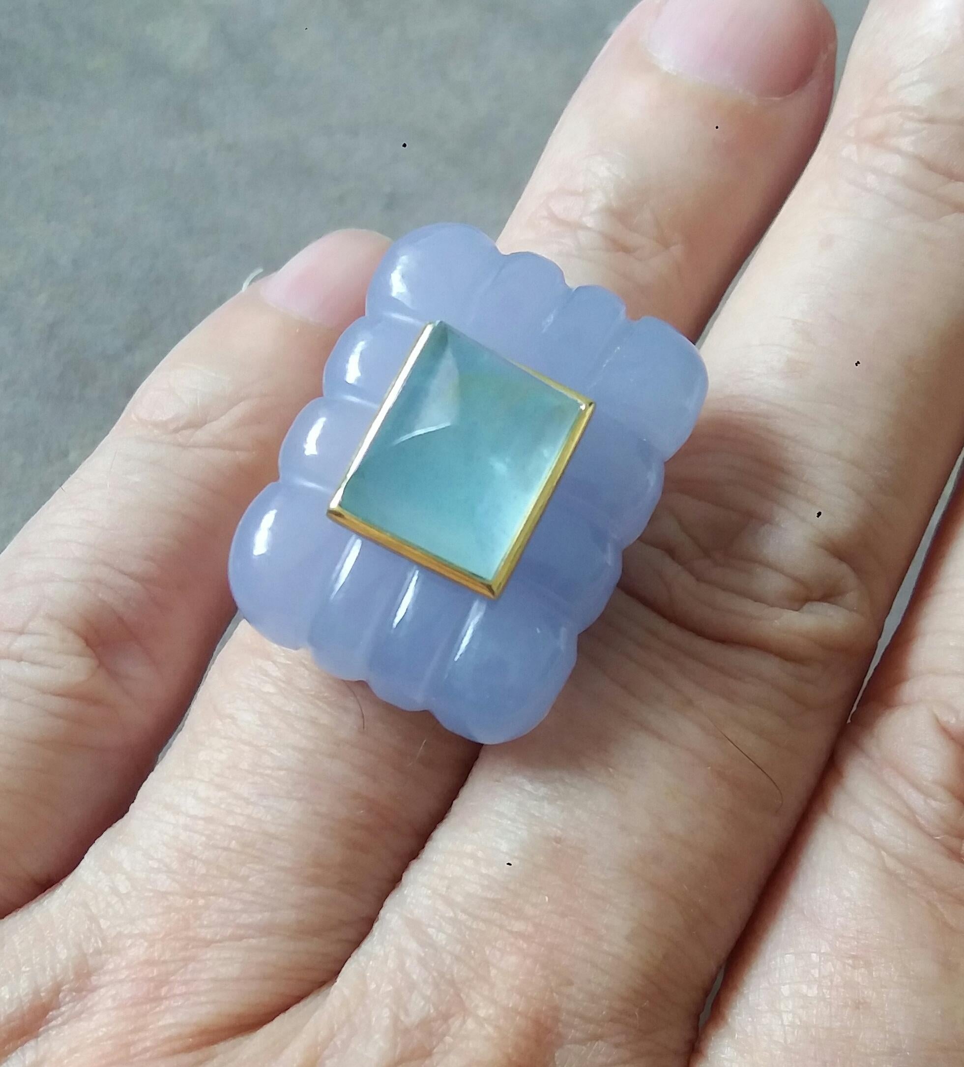 Chalcedon gravierter rechteckiger Aquamarin-Kissenring mit Kissenschliff und Pyramide aus massivem Gold 14k im Angebot 5