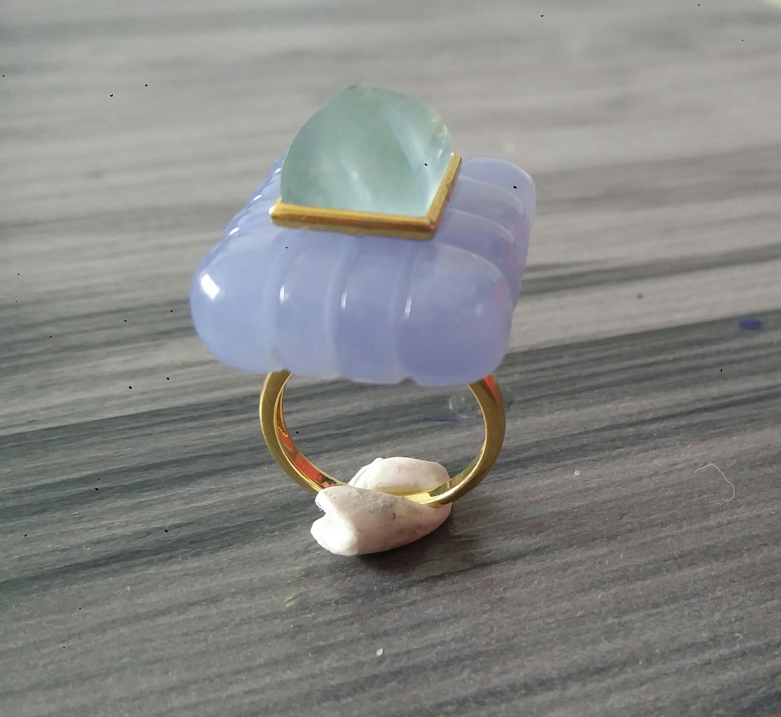 Chalcedon gravierter rechteckiger Aquamarin-Kissenring mit Kissenschliff und Pyramide aus massivem Gold 14k im Angebot 8