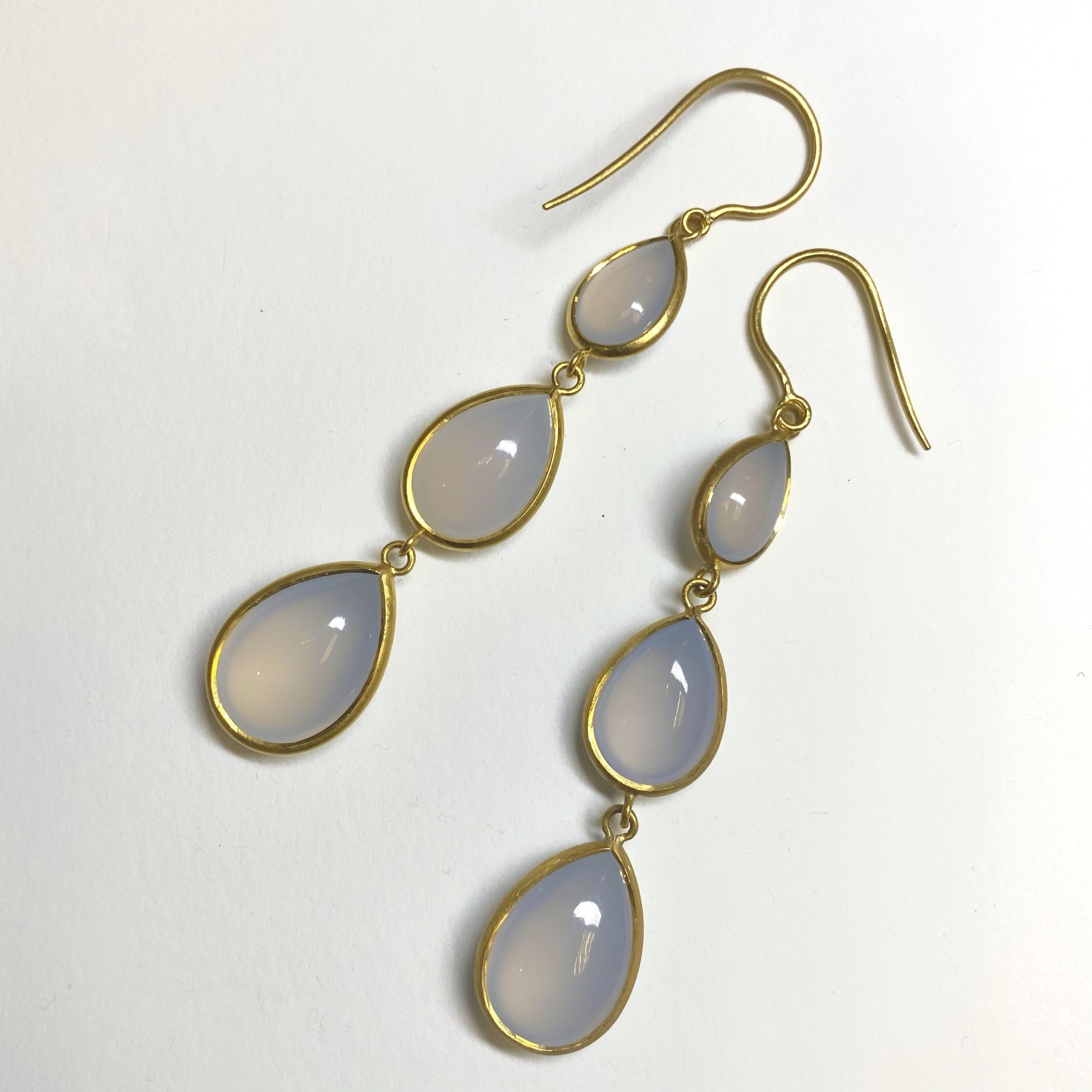 Pear Cut Chalcedony Graduating 2-Sided Pear Earrings in 22 Karat Gold, A2 by Arunashi For Sale