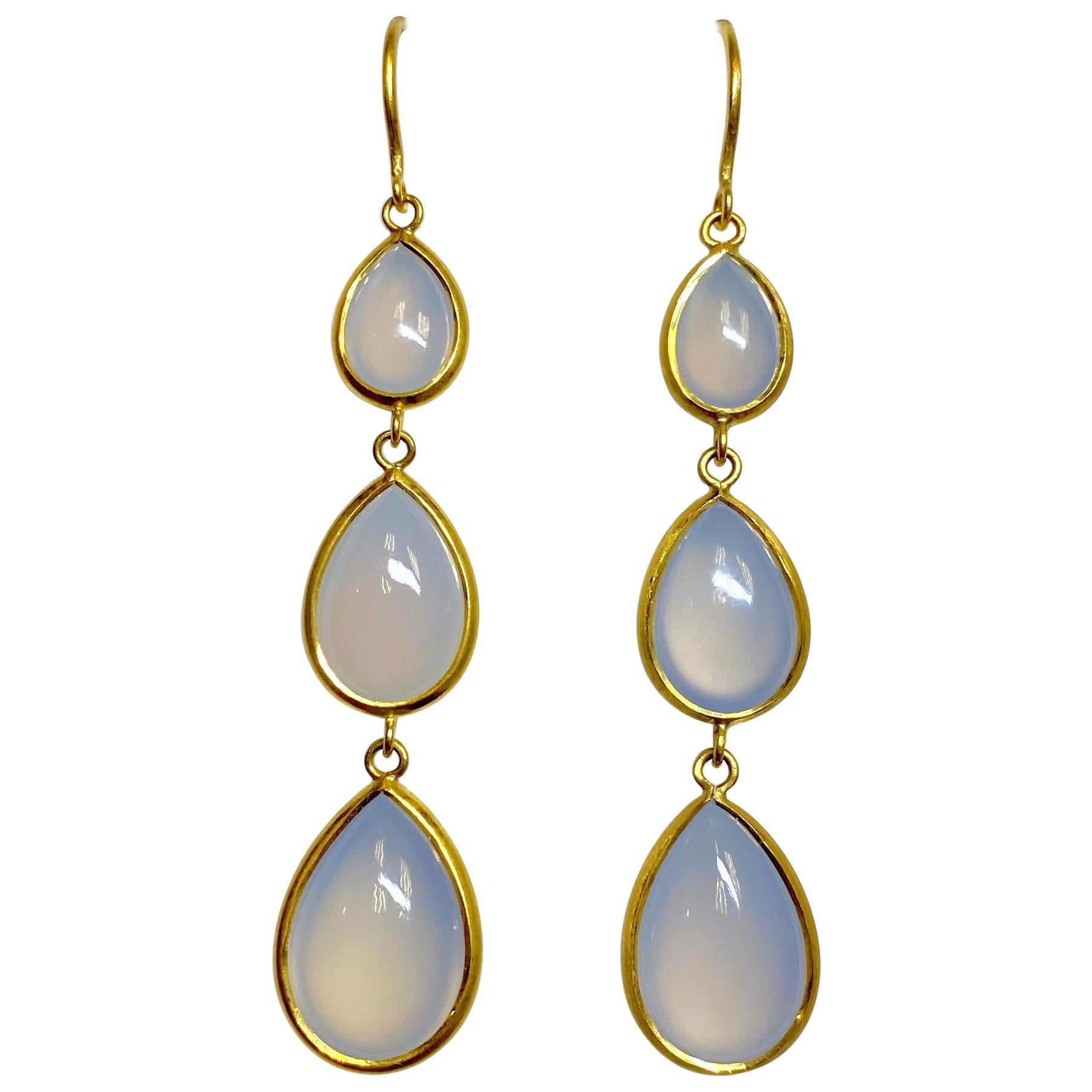 Chalcedony Graduating 2-Sided Pear Earrings in 22 Karat Gold, A2 by Arunashi For Sale
