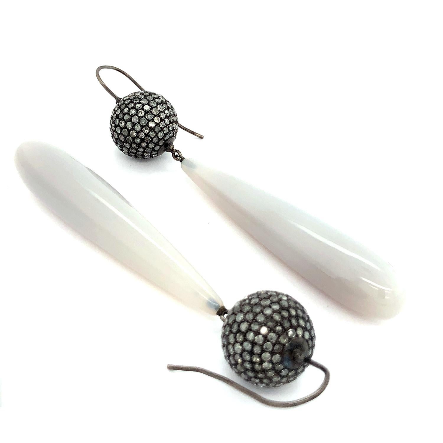 Artisan Chalcedony Long Earrings With Pave Diamond Ball Made In 18k Gold For Sale